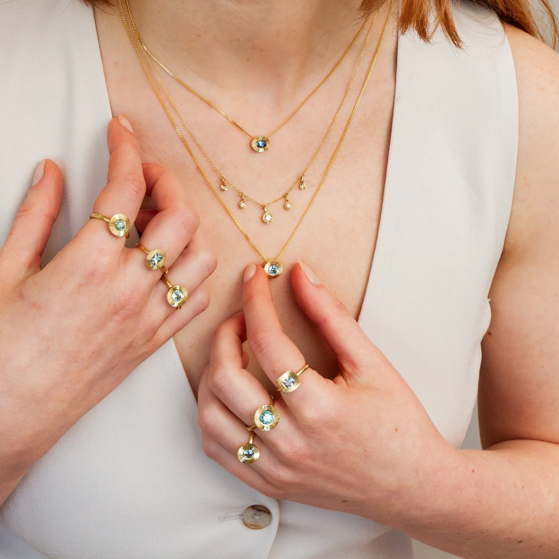 East-West Oval Aurora Necklace with Blue Montana Sapphire in Yellow Gold