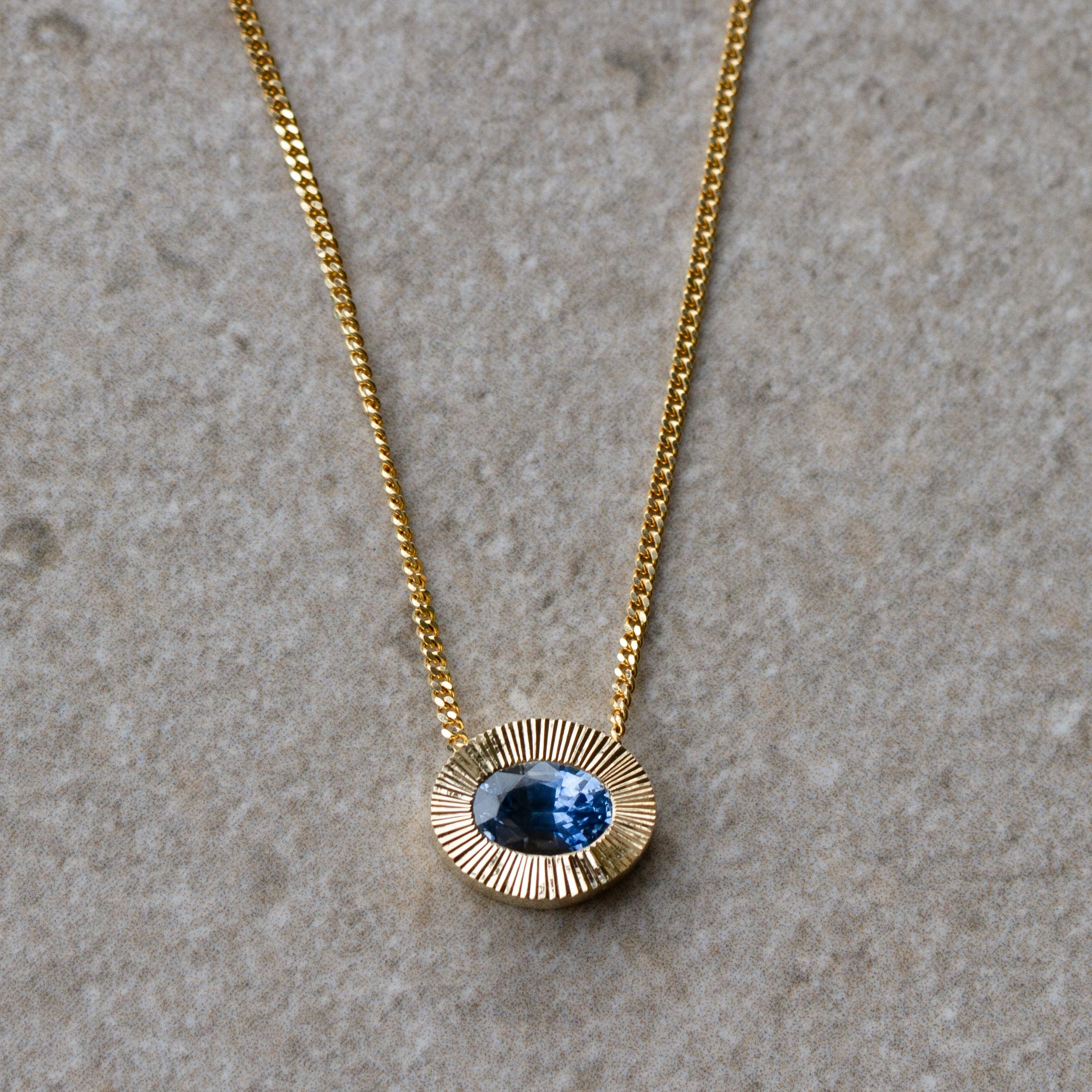 East-West Oval Aurora Necklace with Blue Montana Sapphire in Yellow Gold
