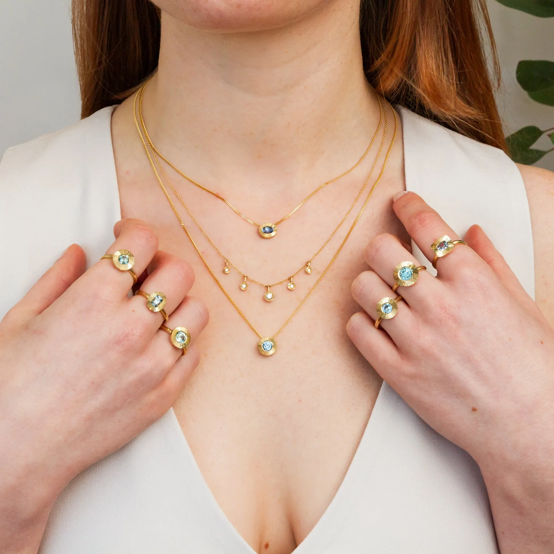 East-West Oval Aurora Necklace with Blue Montana Sapphire in Yellow Gold