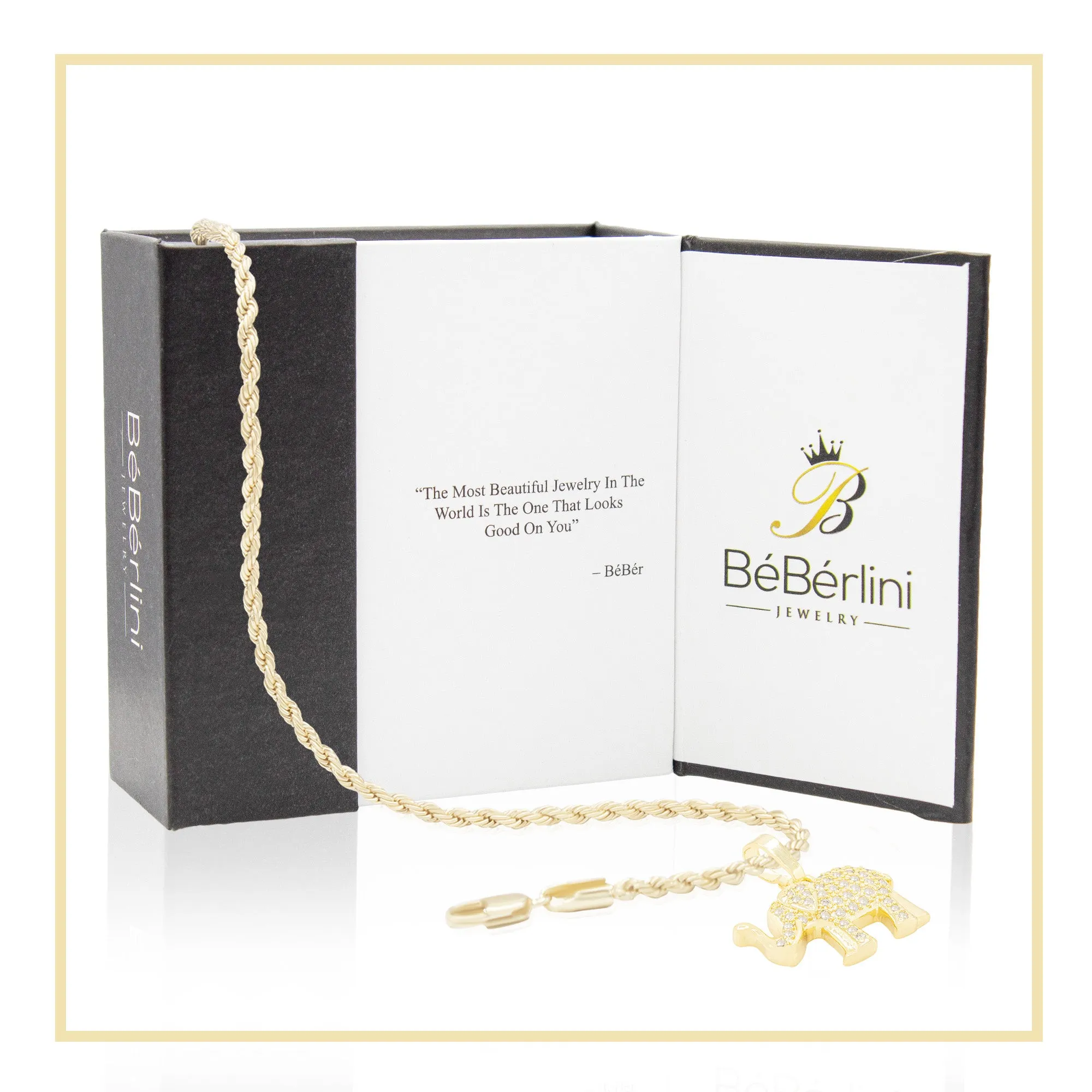 Elephant CZ Pendant 14K Anklet Bracelet Gold Filled Cubic Zirconia Charm Rope Foot Set 10" WomenJewelry
