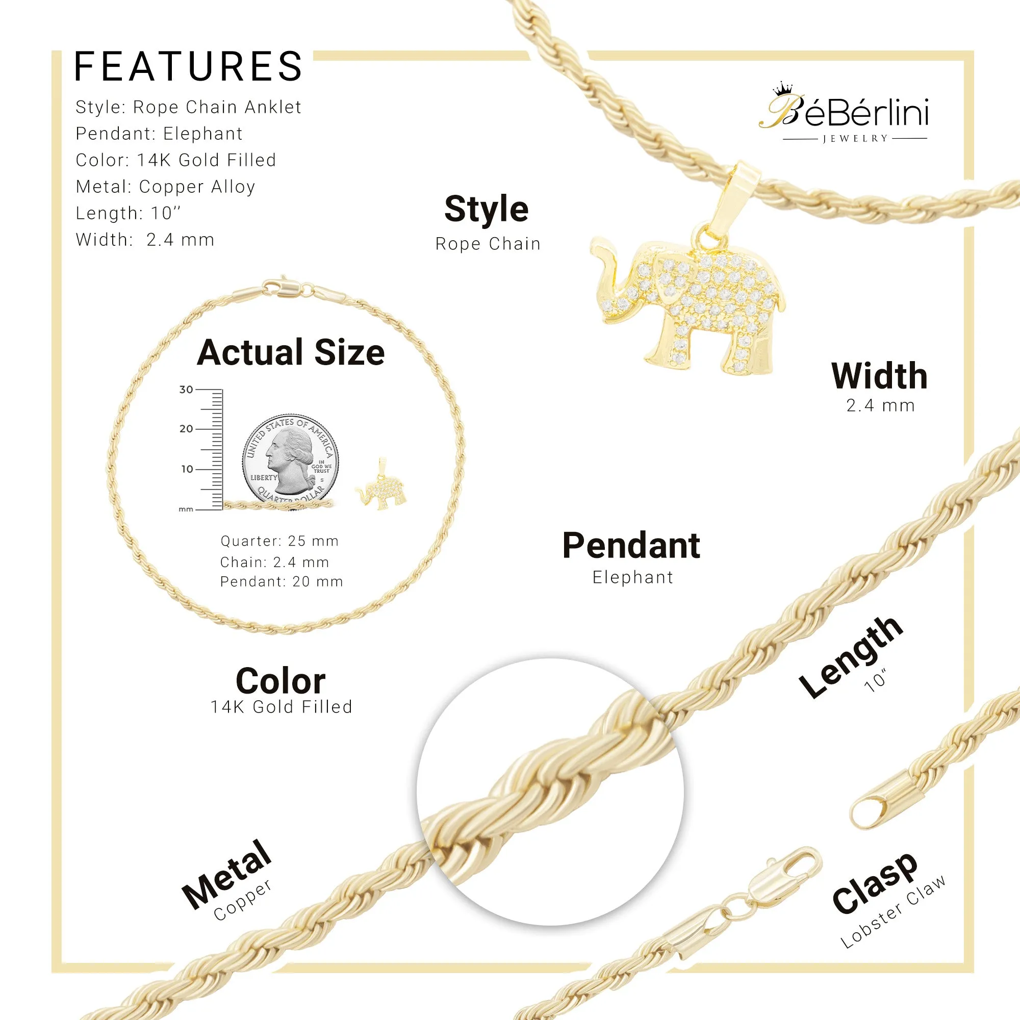 Elephant CZ Pendant 14K Anklet Bracelet Gold Filled Cubic Zirconia Charm Rope Foot Set 10" WomenJewelry