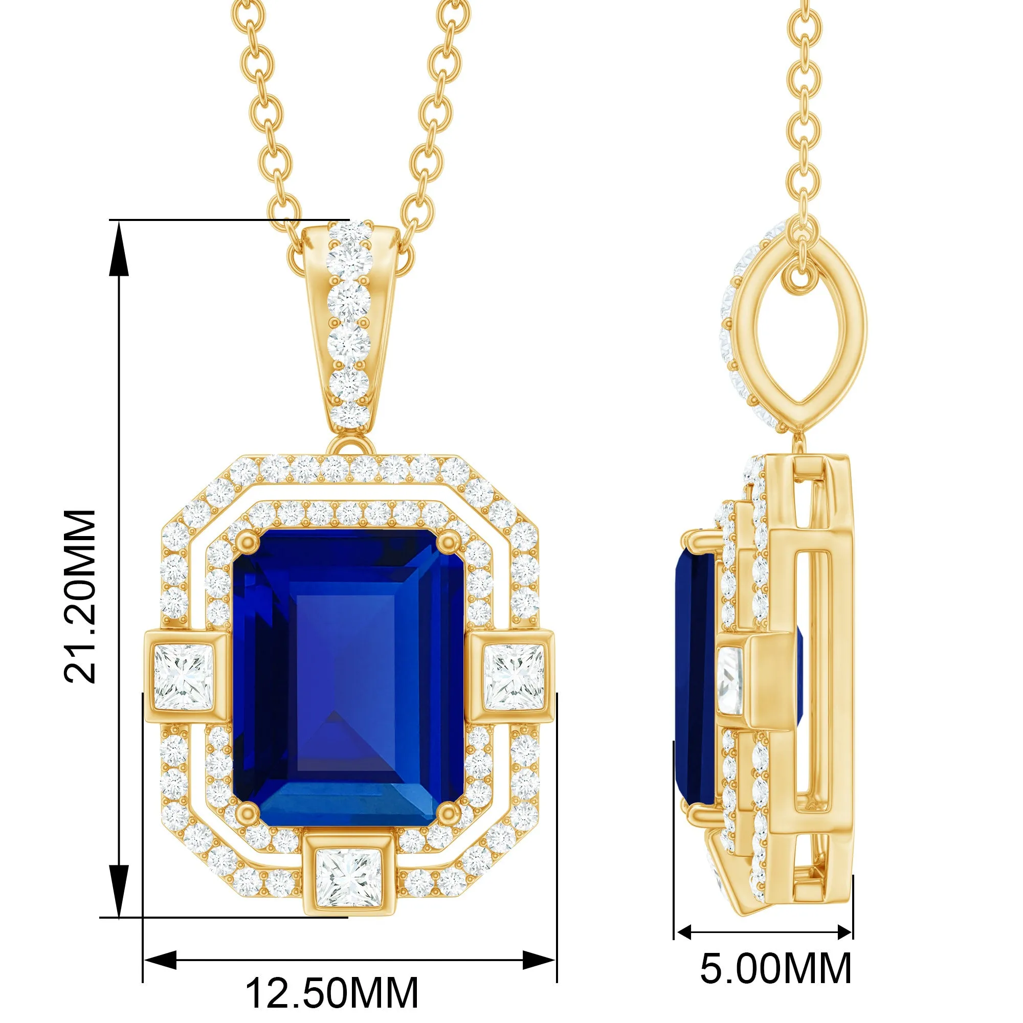 Emerald Cut Created Blue Sapphire Vintage Pendant Necklace with Diamond