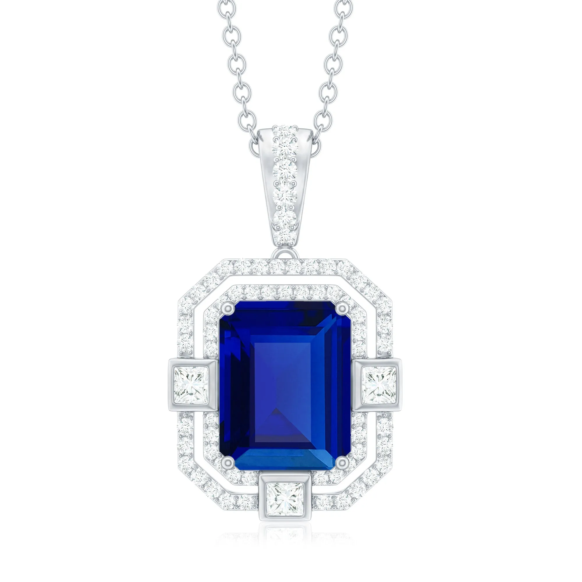 Emerald Cut Created Blue Sapphire Vintage Pendant Necklace with Diamond