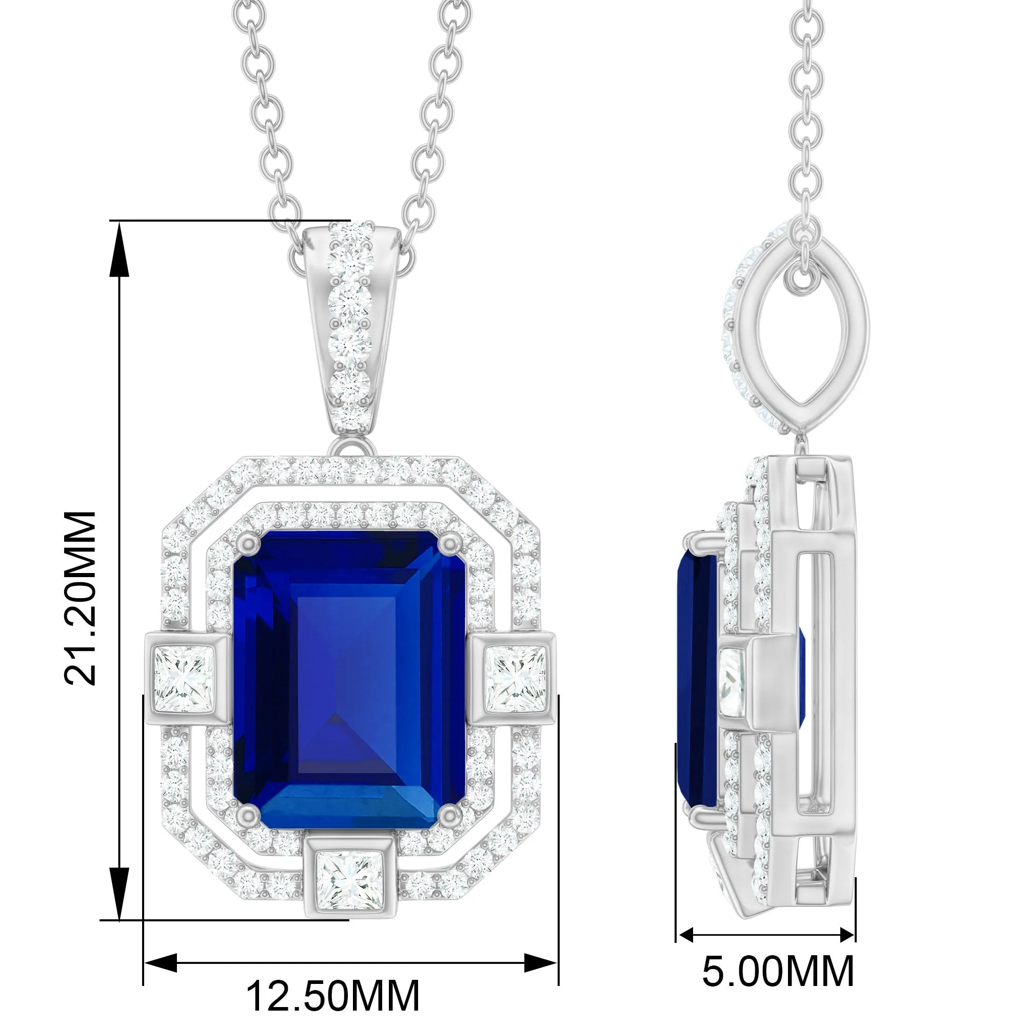 Emerald Cut Created Blue Sapphire Vintage Pendant Necklace with Diamond