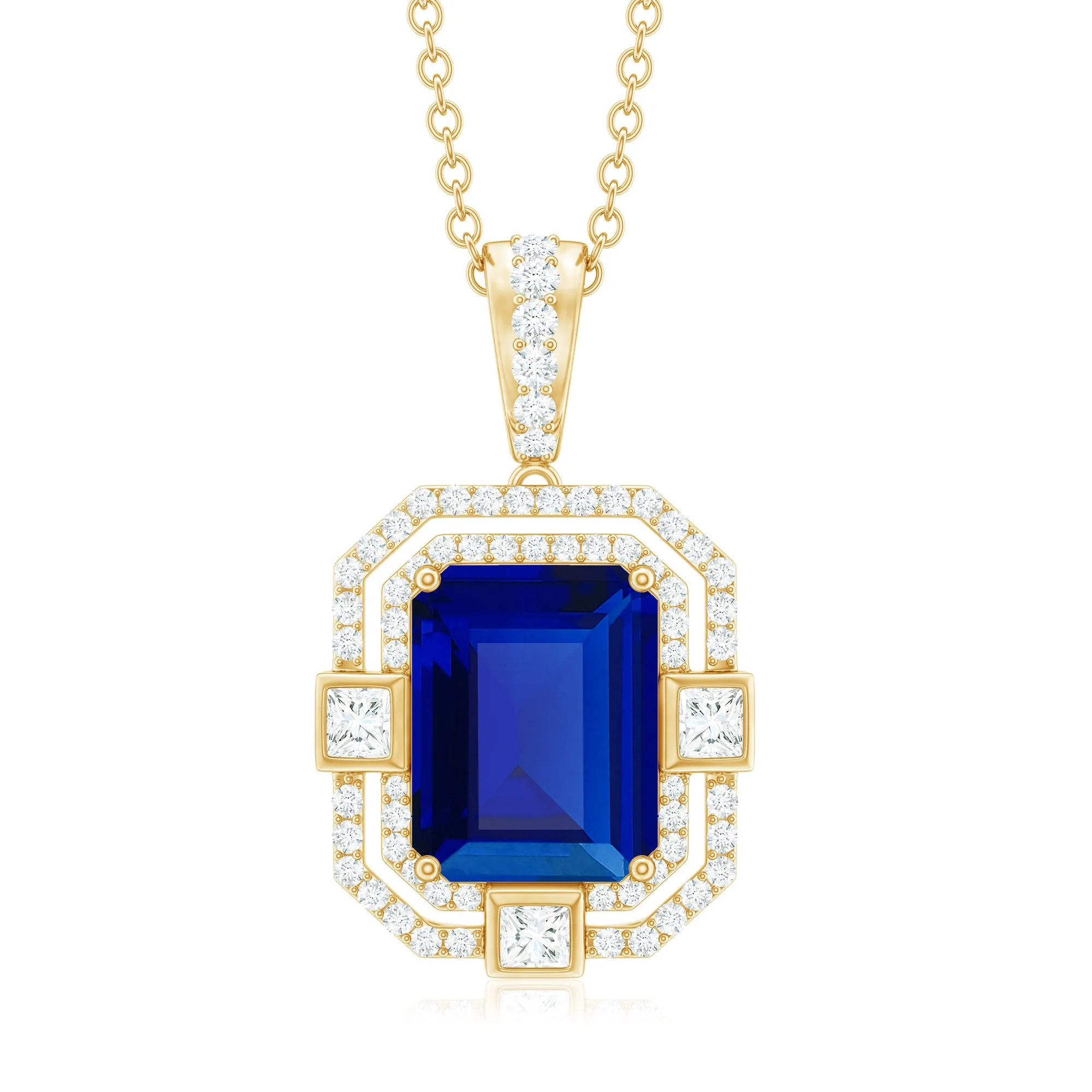 Emerald Cut Created Blue Sapphire Vintage Pendant Necklace with Diamond