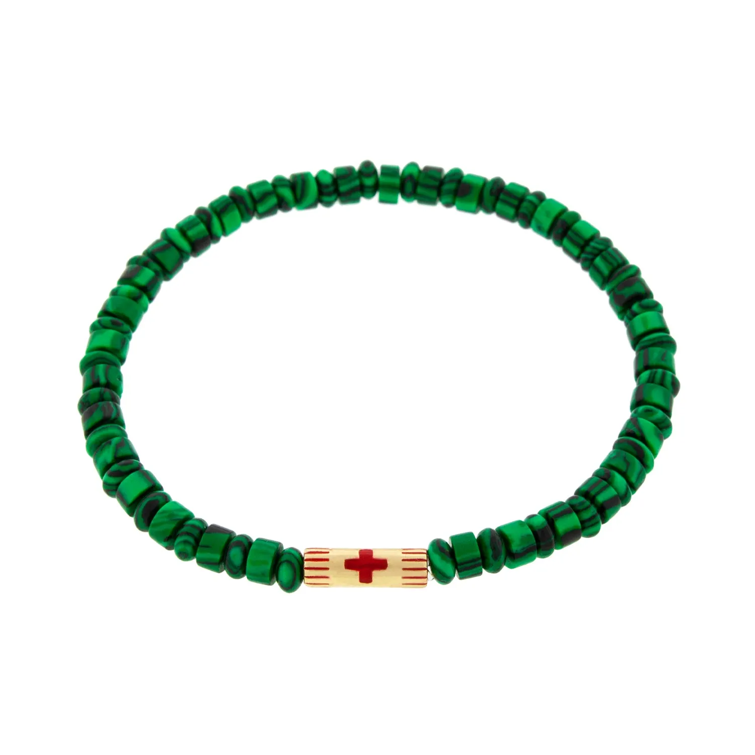 Enameled Cross Slim Tube on a Malachite Bracelet