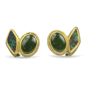Estate 18k Yellow Gold Nephrite Jade & Boulder Opal Earrings