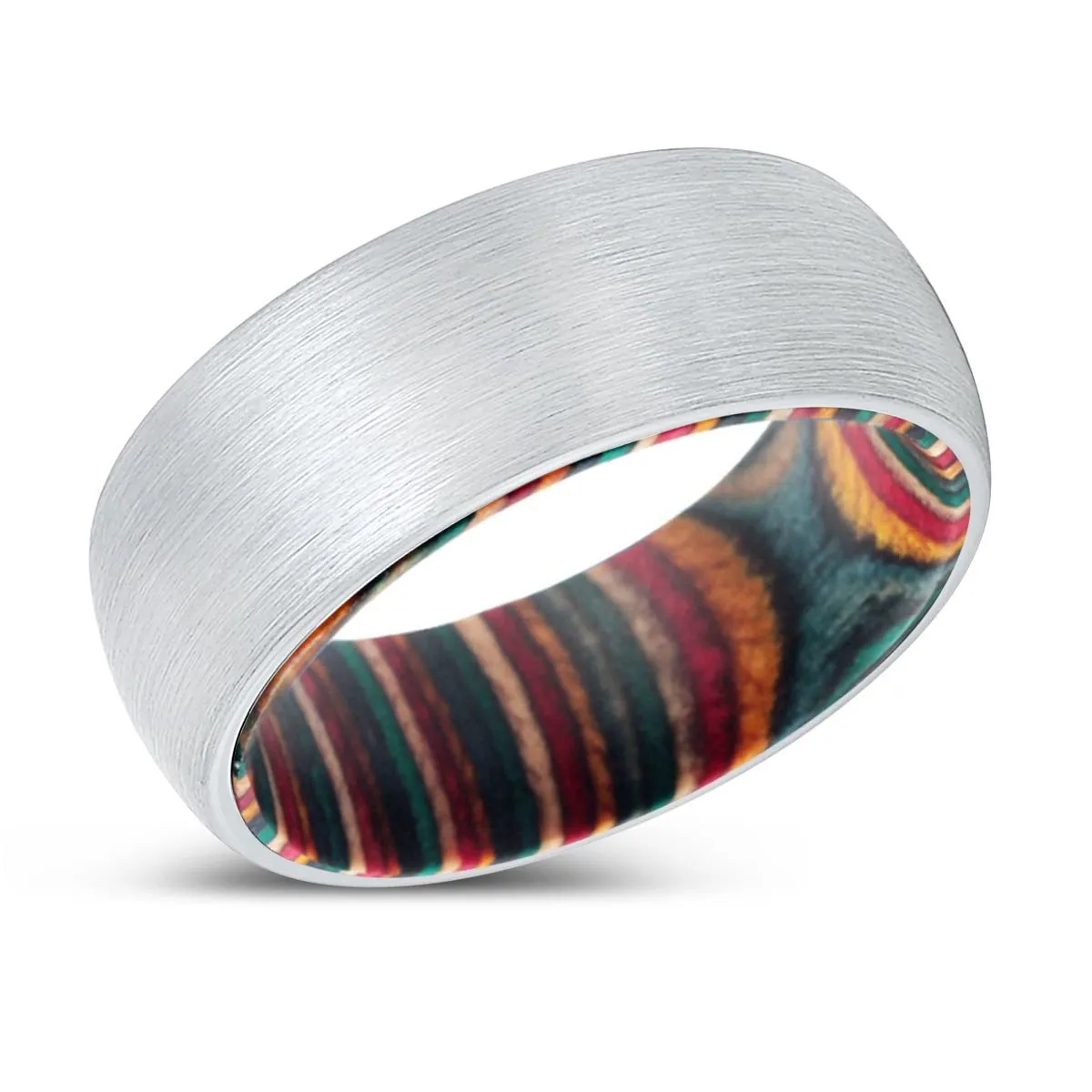 FREEDOM | Multi Color Wood, White Tungsten Ring, Brushed, Domed