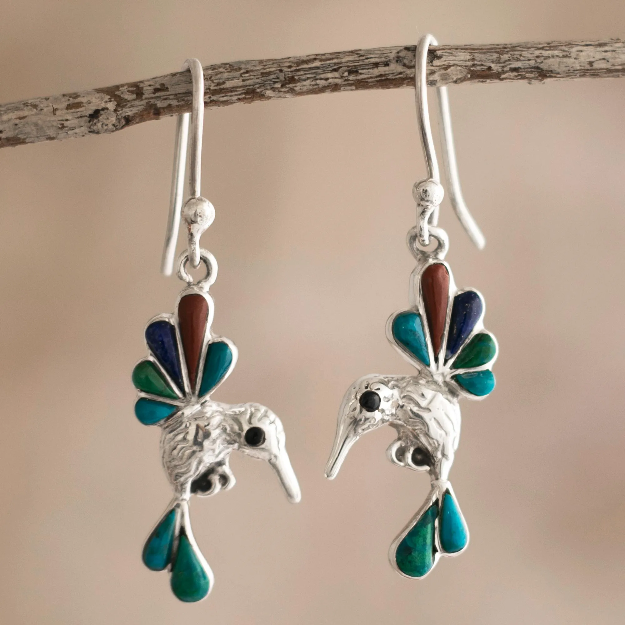 Gemstone Combo Hummingbird Dangle Earrings from Peru - Rainbow Hummingbirds | NOVICA