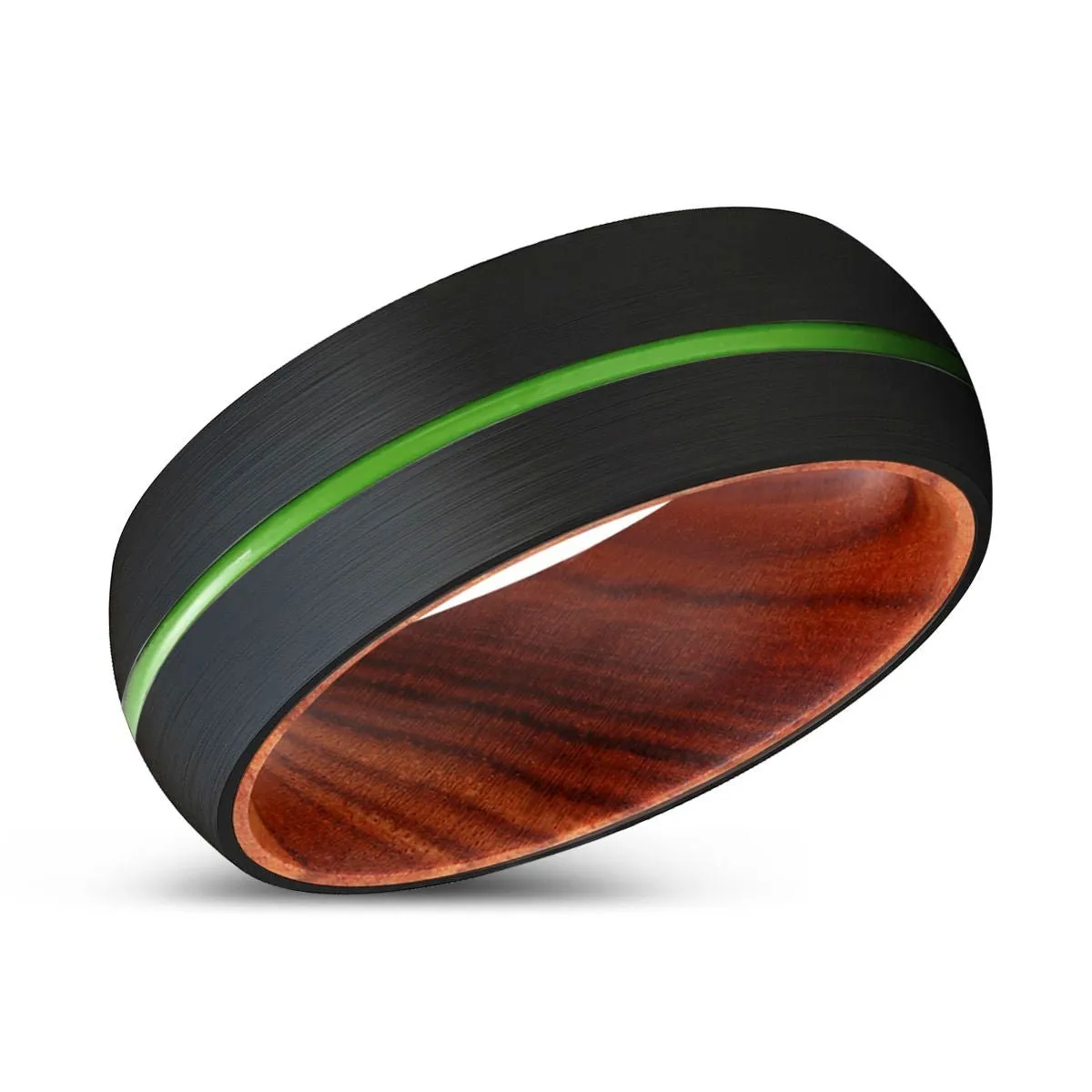 GOBLIN | IRON Wood, Black Tungsten Ring, Green Groove, Domed