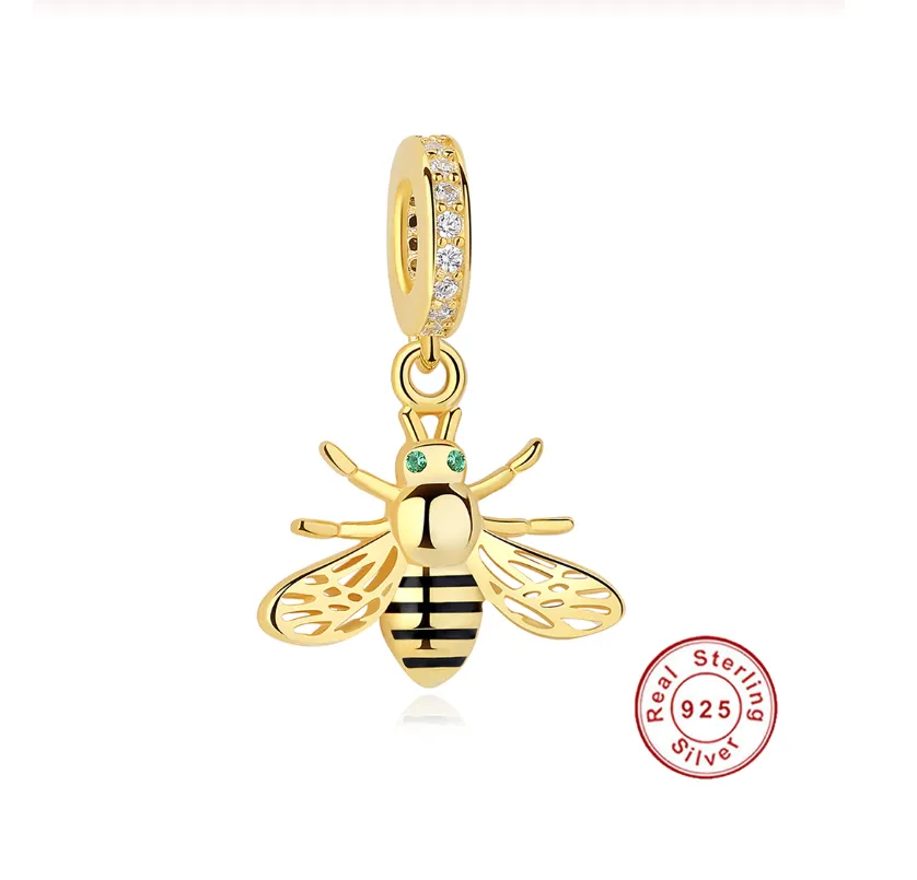 Gold & Black Honey Bee Charm 925 Sterling Silver