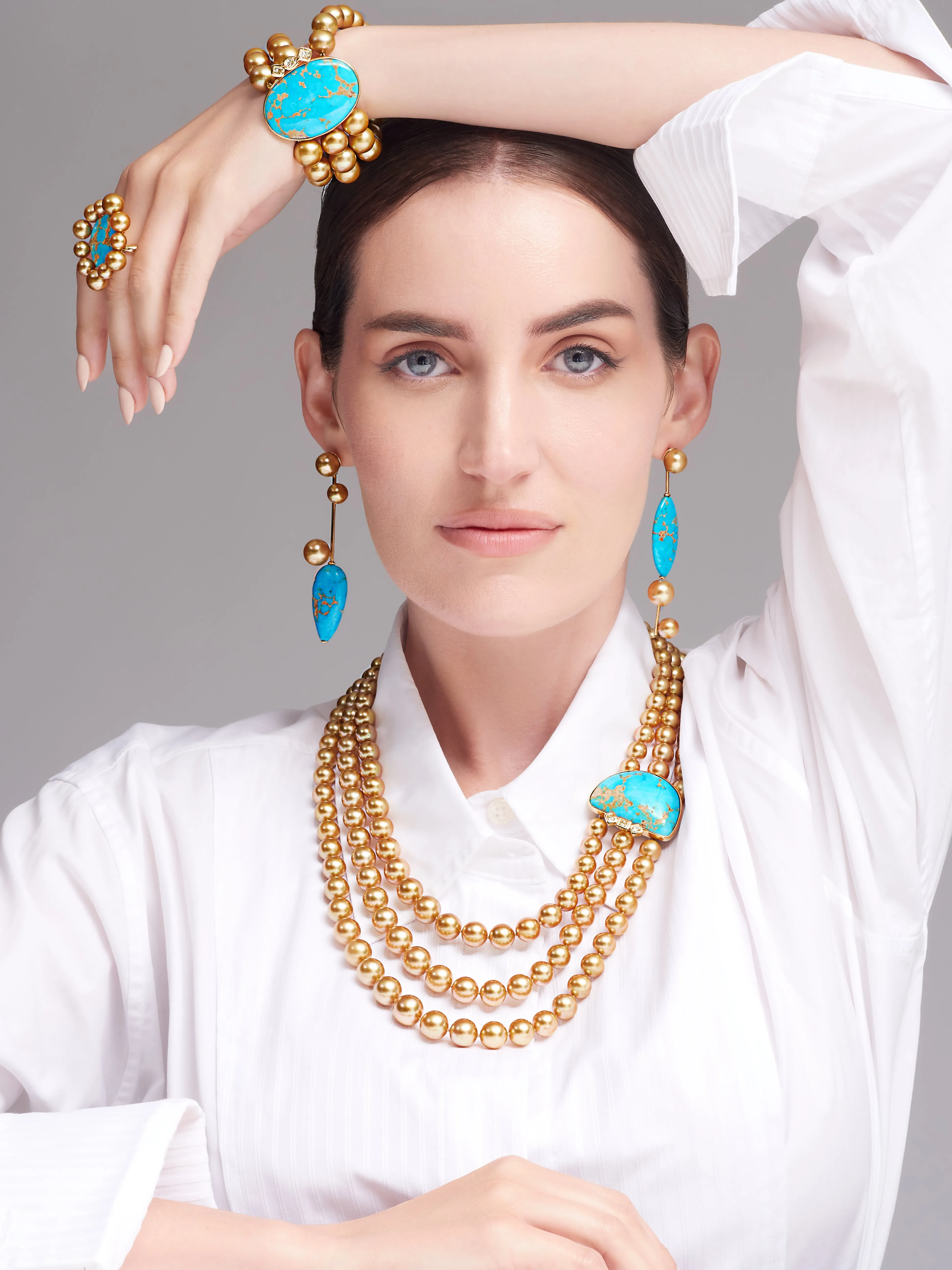 Golden South Sea Pearl and Turquoise Earrings