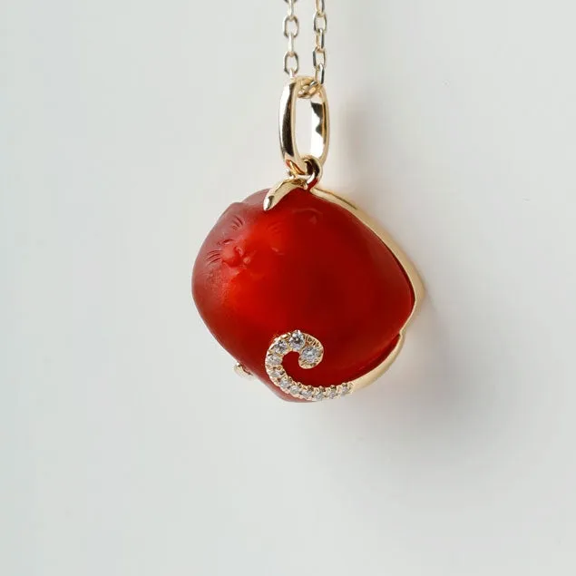 Hand Carved Cat Mexican Egg Fire Opal, Diamond Tail Necklace 18K Yellow Gold
