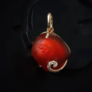 Hand Carved Cat Mexican Egg Fire Opal, Diamond Tail Necklace 18K Yellow Gold