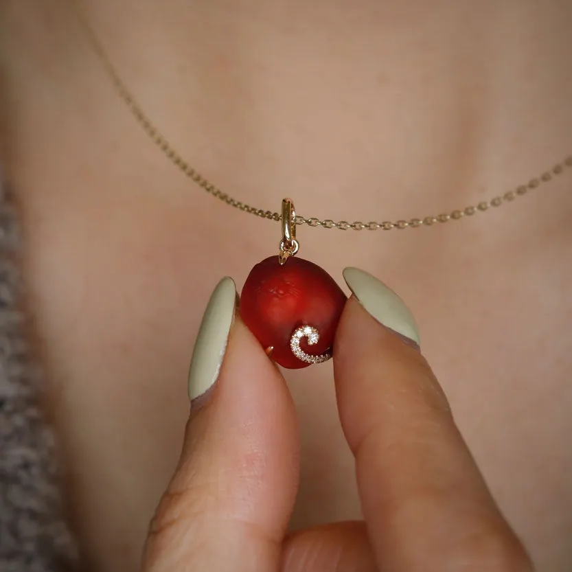 Hand Carved Cat Mexican Egg Fire Opal, Diamond Tail Necklace 18K Yellow Gold