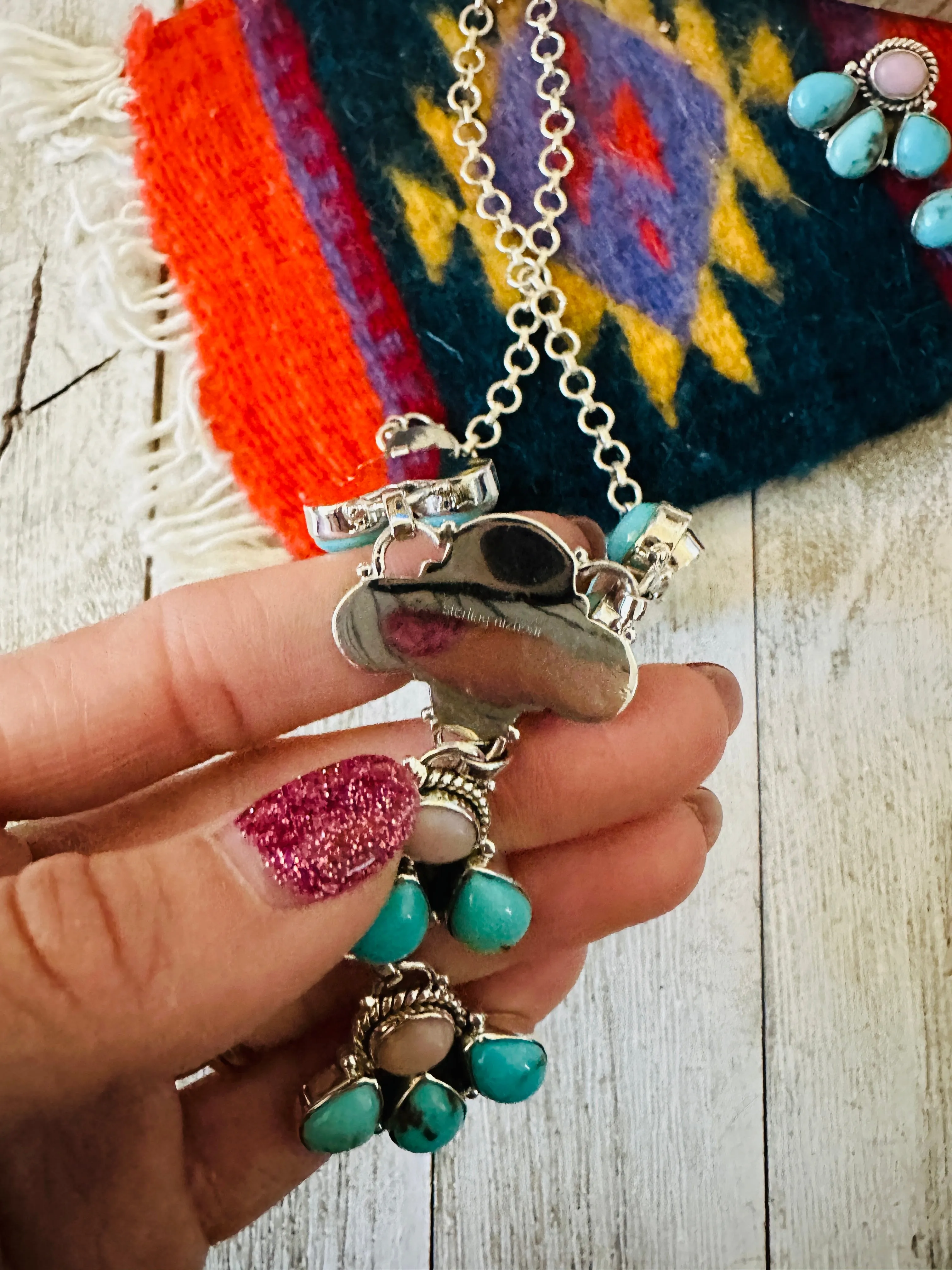 Handmade Sterling Silver, Turquoise & Pink Opal Necklace Set Signed Nizhoni