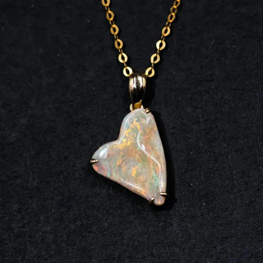 Heart Shaped Semi-Black Opal Necklace 18K Yellow Gold
