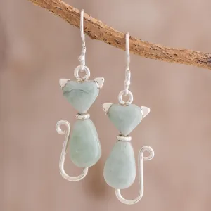 Jade Cat Dangle Earrings in Light Green from Guatemala - Cats of Love in Light Green | NOVICA