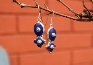 Lapis and Turquoise Inlaid Floral Dangle Silver Earrings