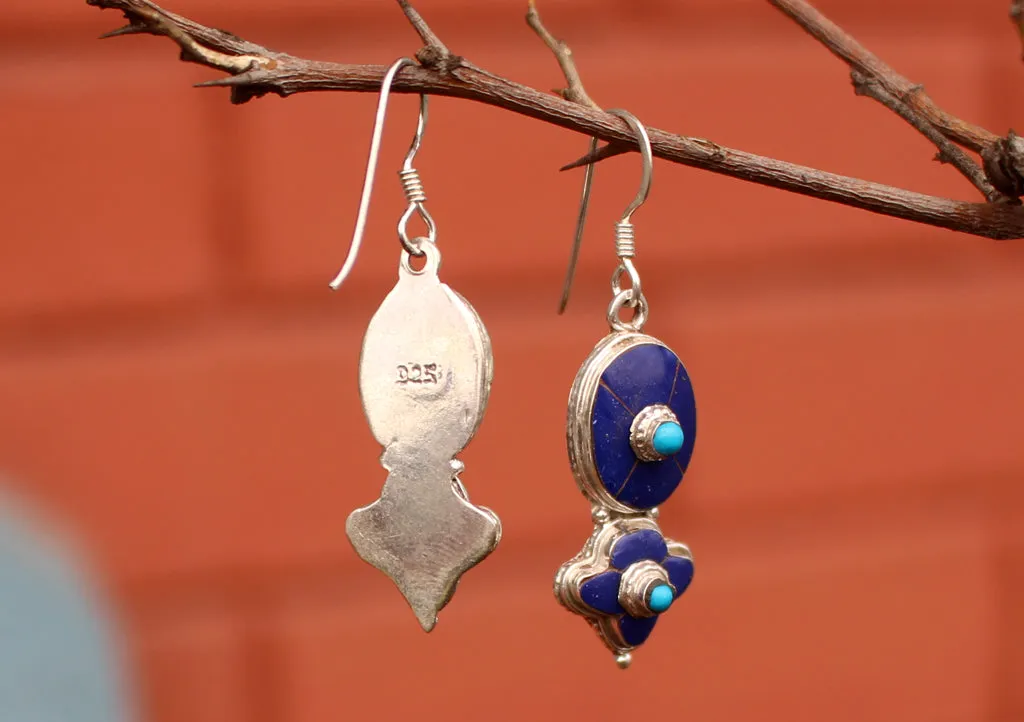 Lapis and Turquoise Inlaid Floral Dangle Silver Earrings