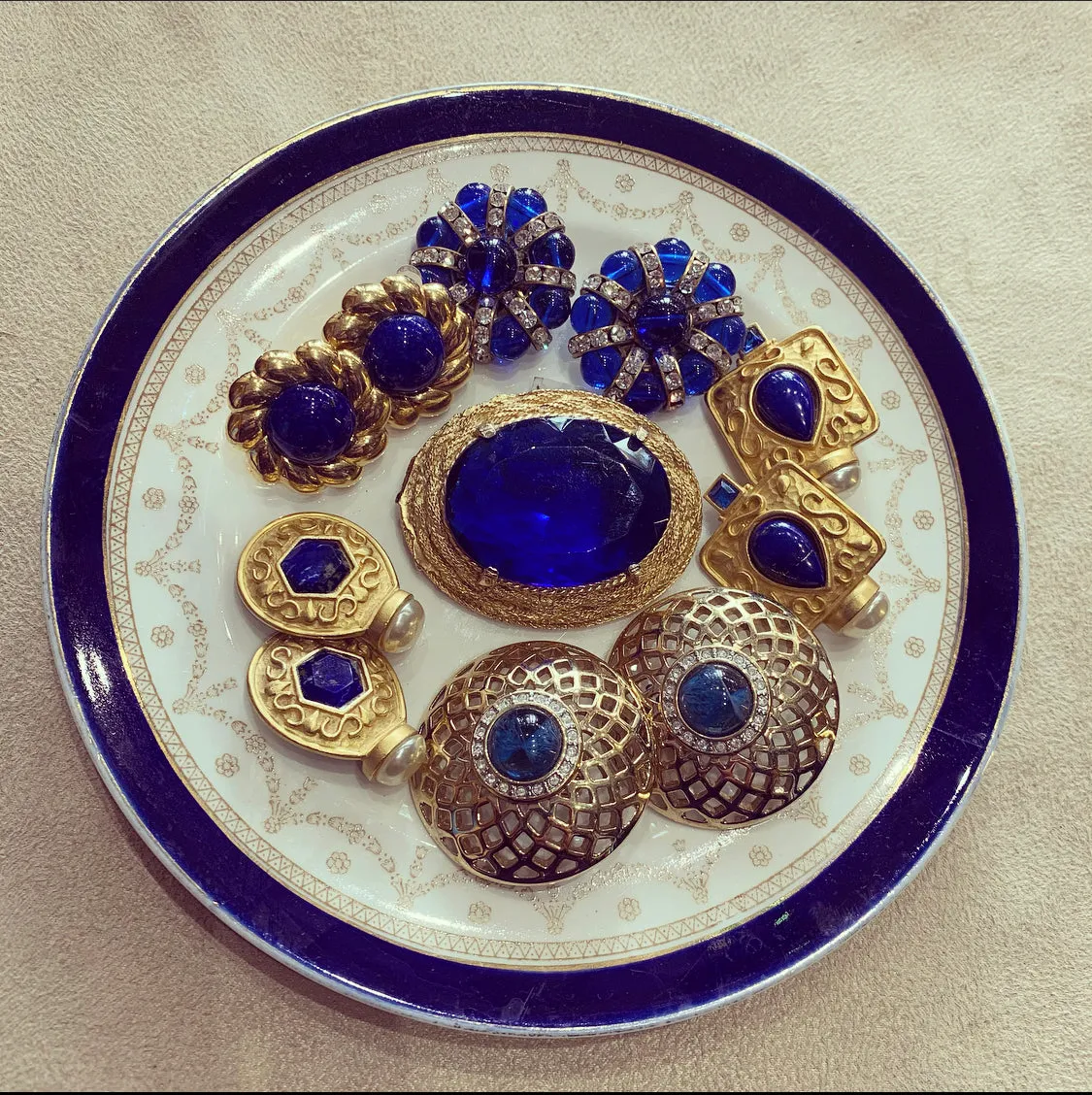 Lapis pearl Earrings by Rima Ariss Green Clip On Gold