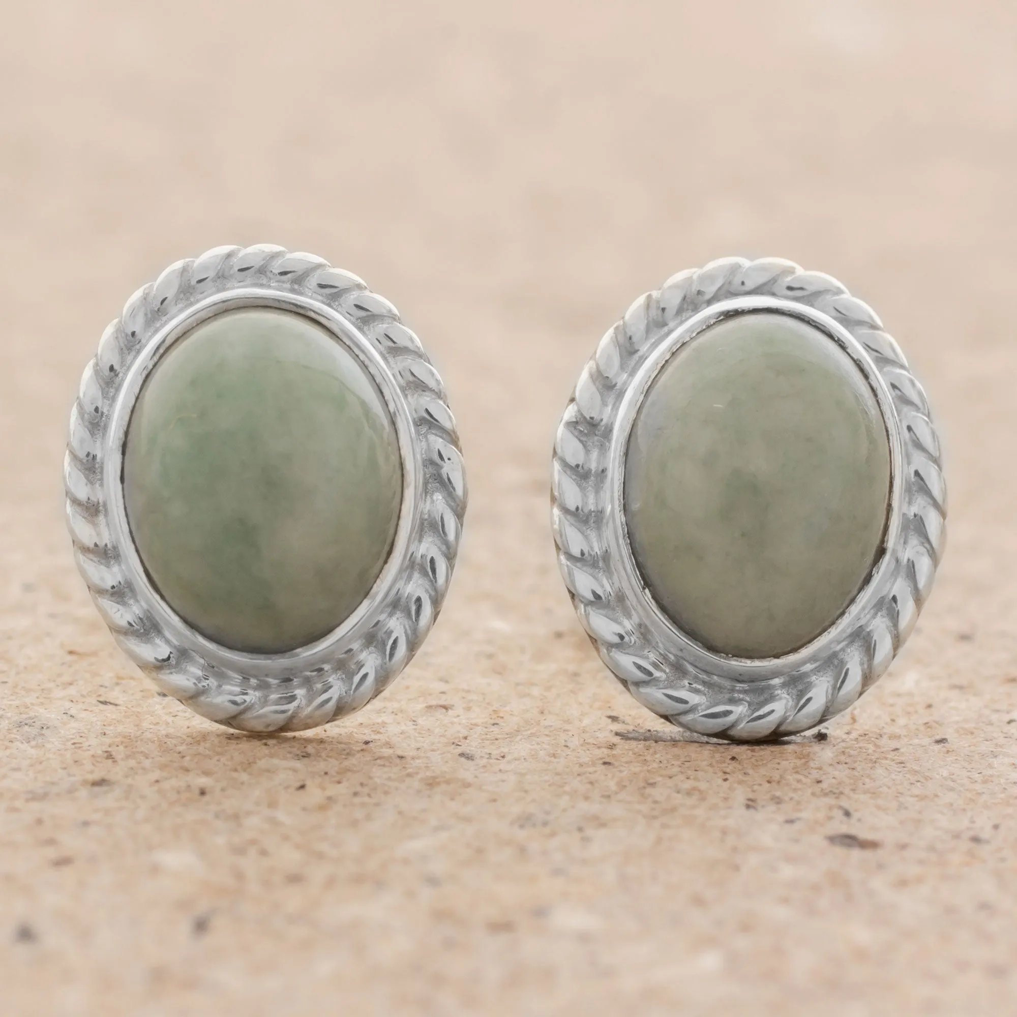 Light Green Jade Oval Stud Earrings from Guatemala - Oval Lassos | NOVICA