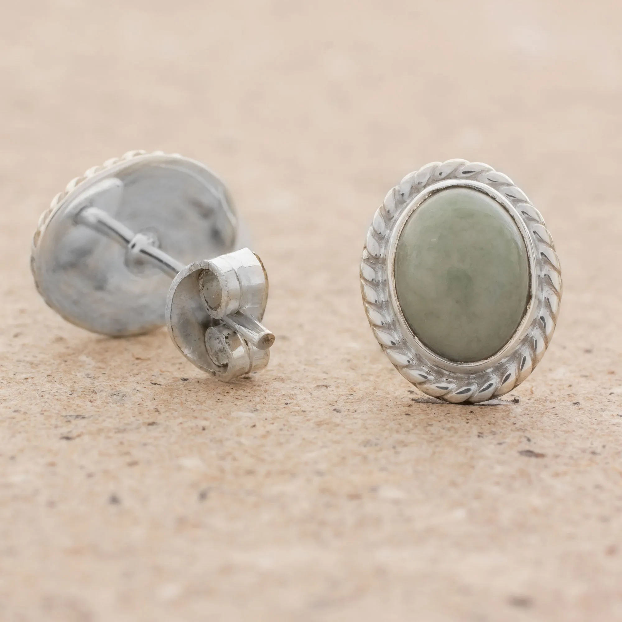 Light Green Jade Oval Stud Earrings from Guatemala - Oval Lassos | NOVICA