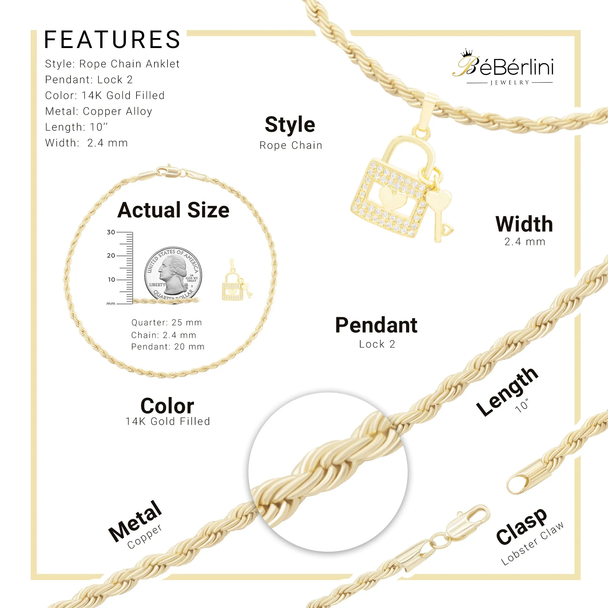 Lock CZ Pendant 14K Anklet Bracelet Gold Filled Cubic Zirconia Charm Rope Foot Set 10" WomenJewelry