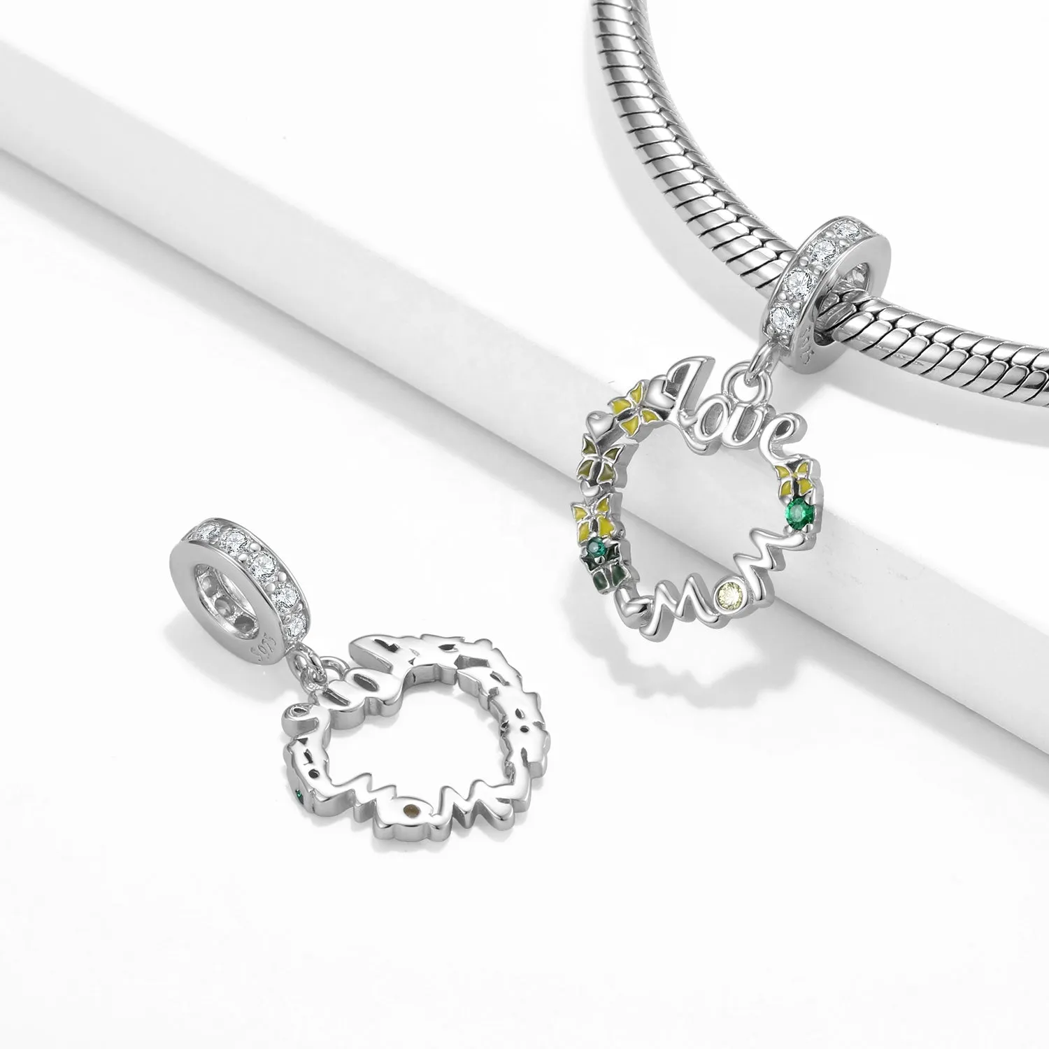 Love Mom Heart Wreath Butterfly Charm 925 Sterling Silver