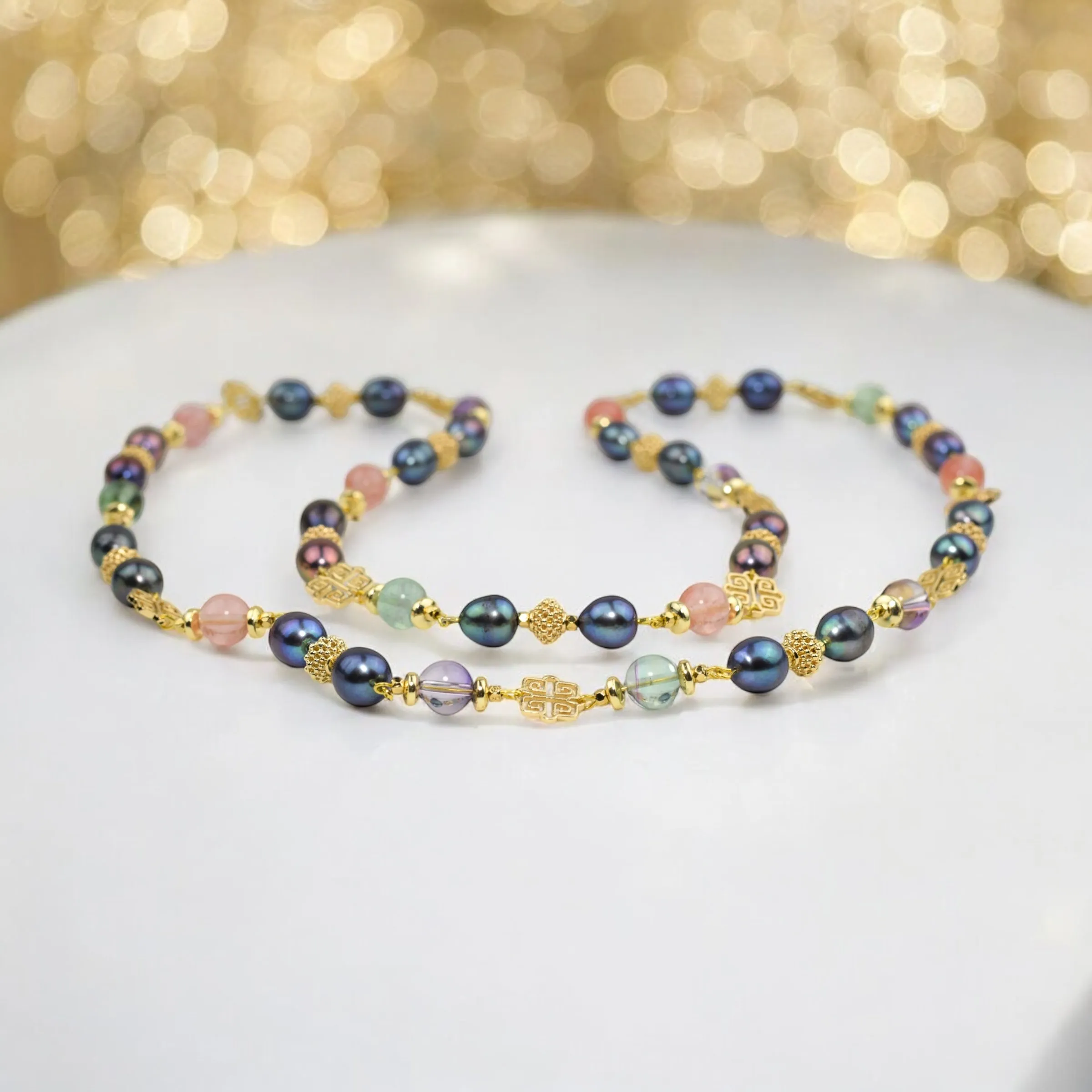 Madison luxe necklace with grey pearls and gemstones