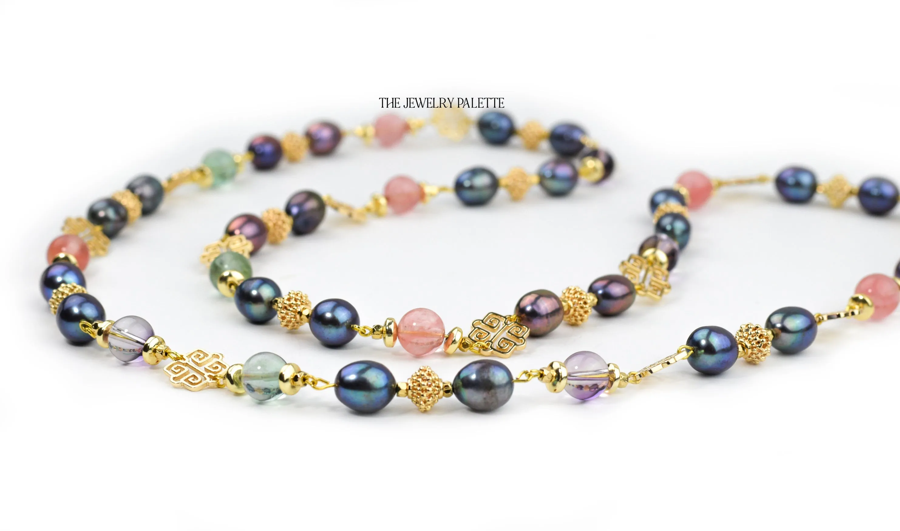 Madison luxe necklace with grey pearls and gemstones