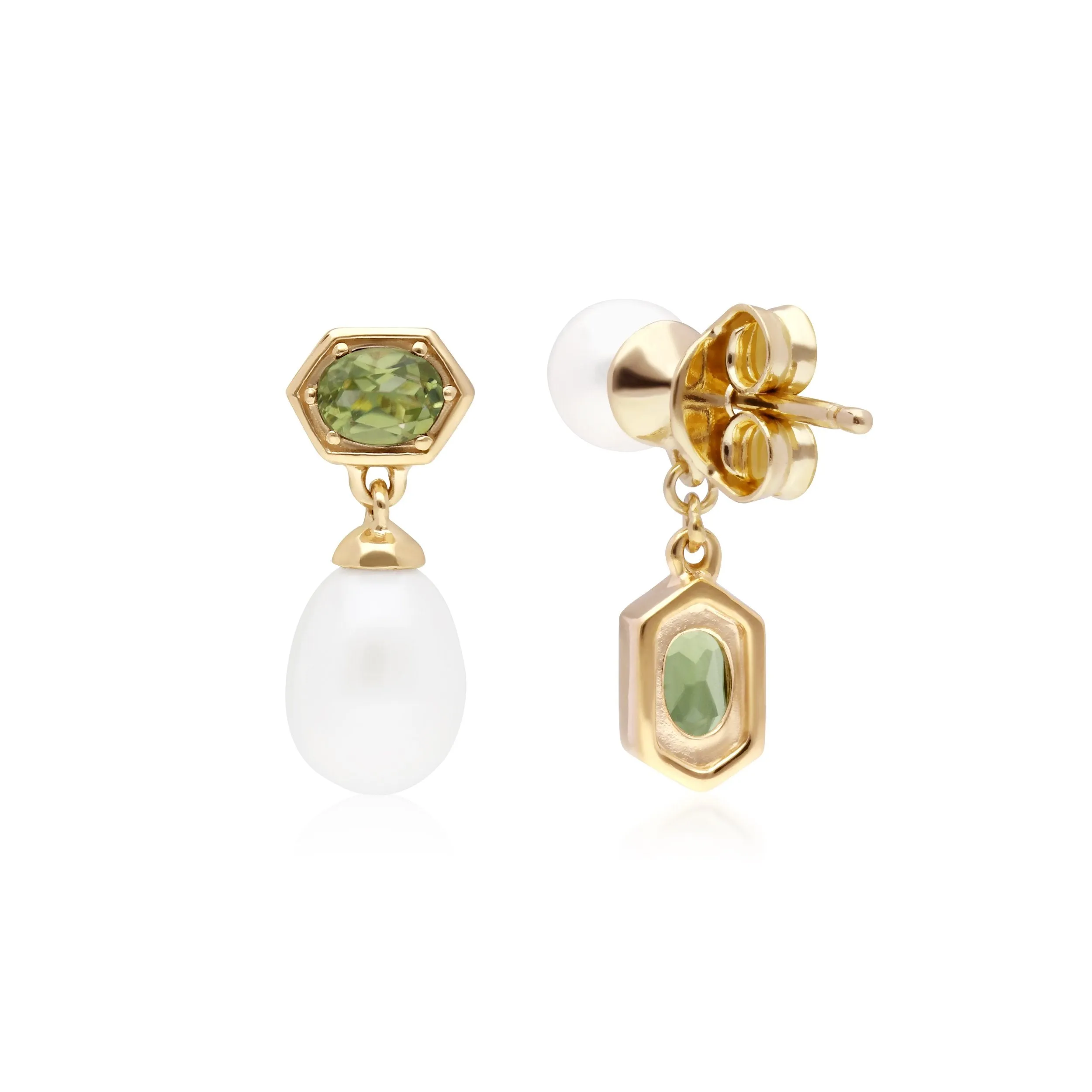 Moderne Perle & Peridot Asymmetrische Tropfen Ohrringe in Vergoldetem Sterling Silber