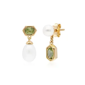 Moderne Perle & Peridot Asymmetrische Tropfen Ohrringe in Vergoldetem Sterling Silber