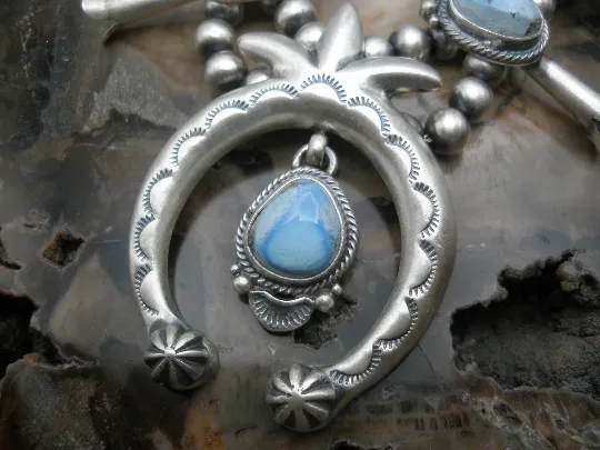 Native American Made Golden Hills Turquoise and Sterling Silver Squash Blossom Necklace with Earrings