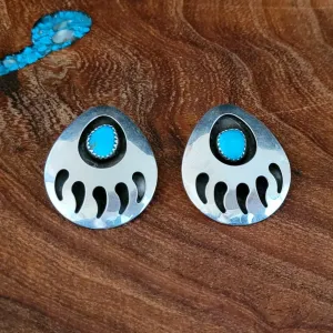 Navajo Made Sterling Silver and Turquoise Bear Paw Stud Earrings BB-ERN-0022