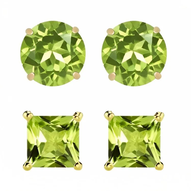 Paris Jewelry 18k Yellow Gold 2 Pair Created Peridot 4mm Round & Princess Cut Stud Earrings Plated
