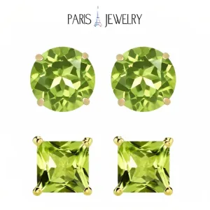 Paris Jewelry 18k Yellow Gold 2 Pair Created Peridot 4mm Round & Princess Cut Stud Earrings Plated