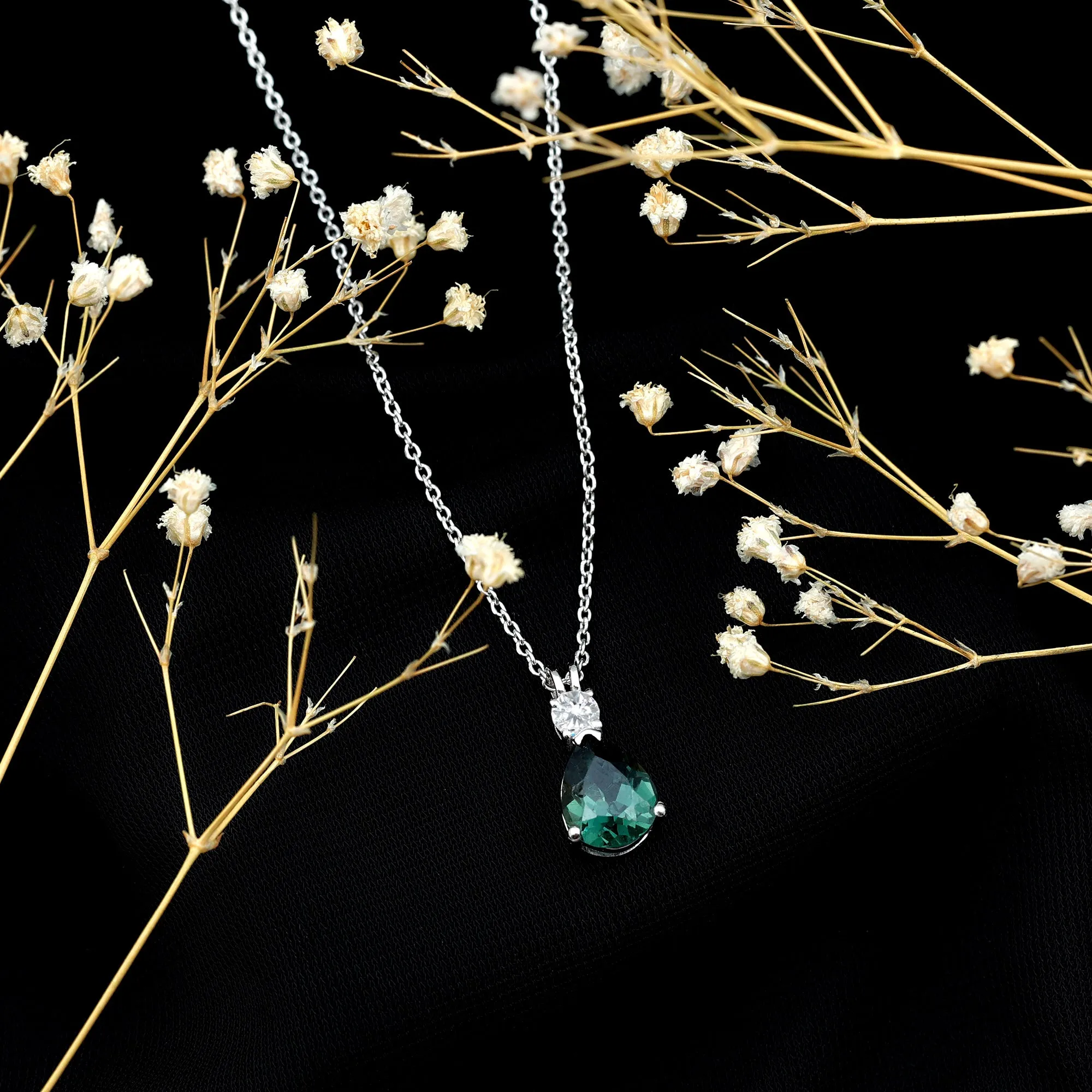 Pear Cut Created Green Sapphire Drop Pendant with Moissanite