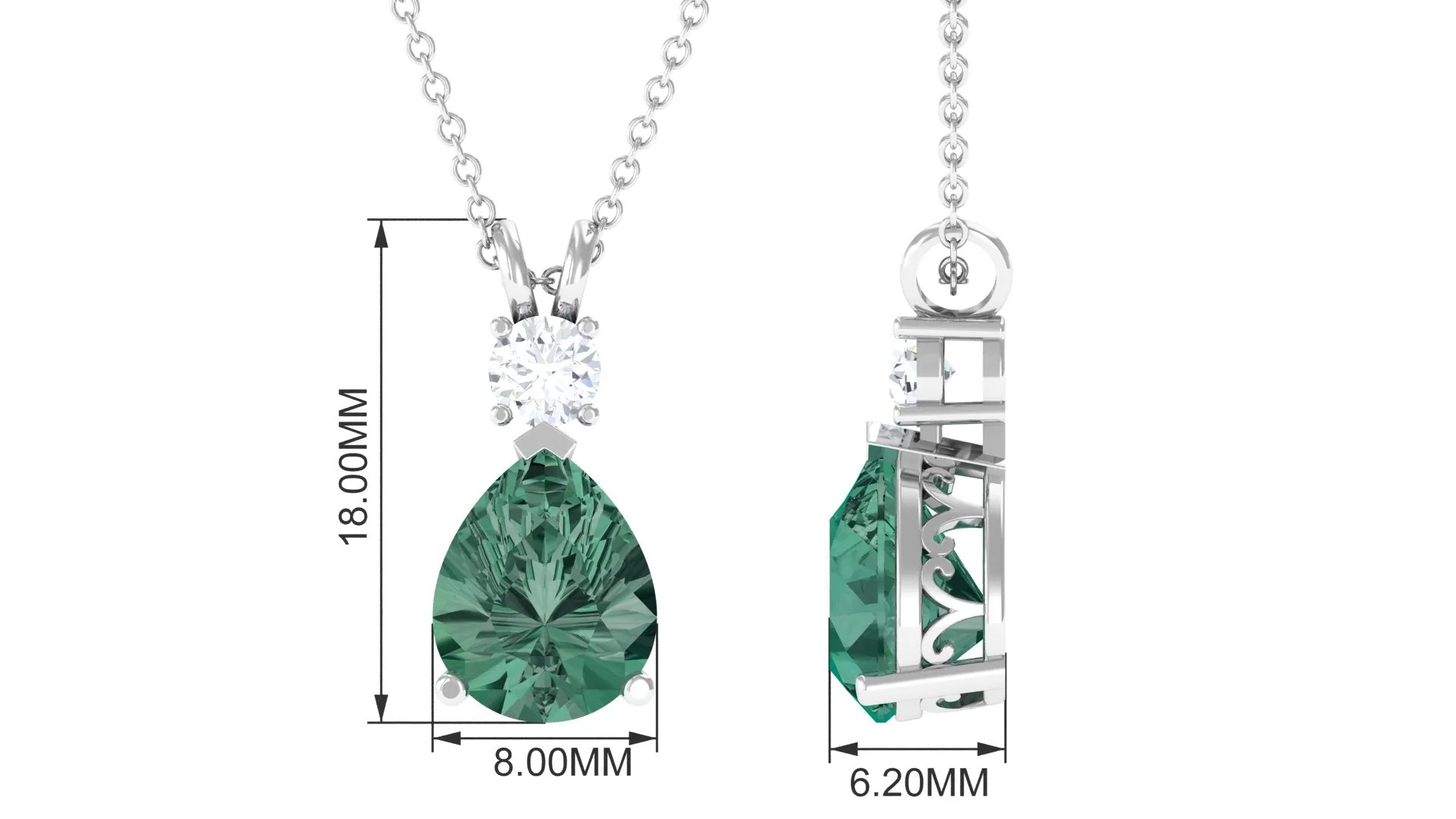 Pear Cut Created Green Sapphire Drop Pendant with Moissanite