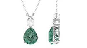 Pear Cut Created Green Sapphire Drop Pendant with Moissanite