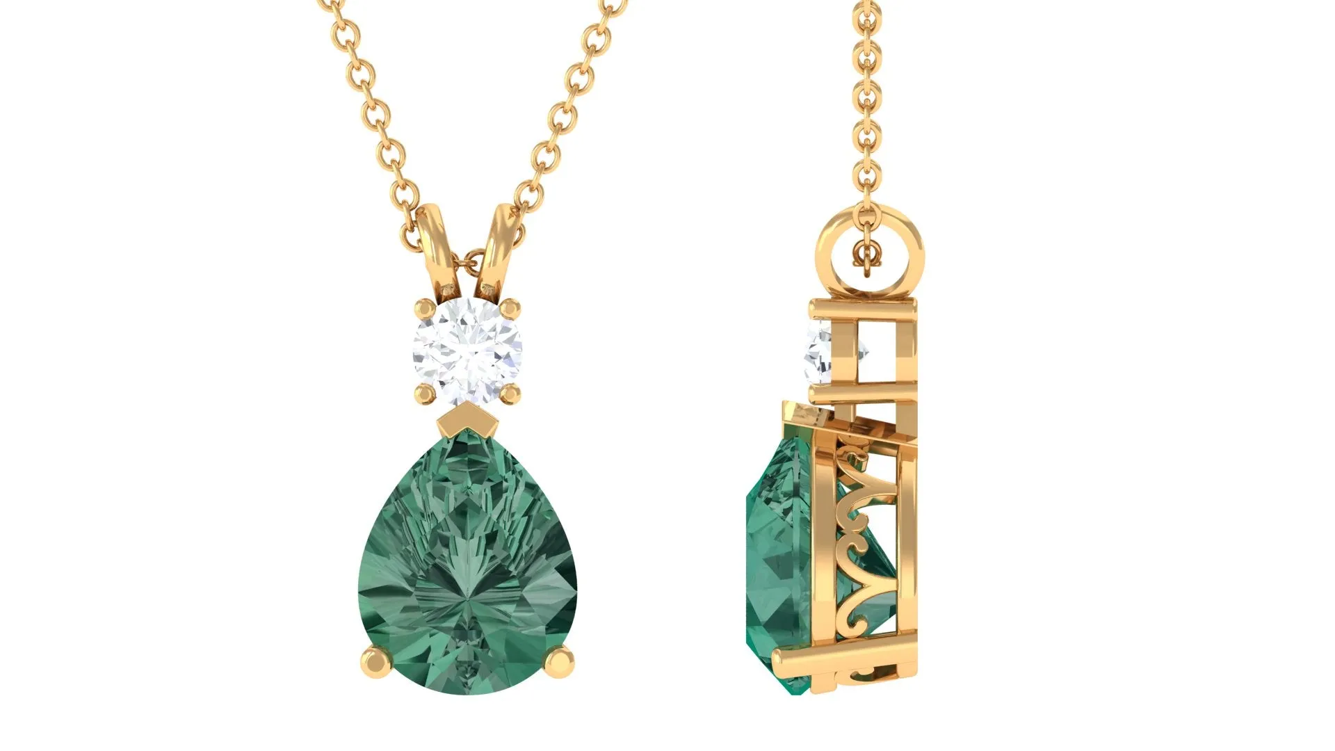 Pear Cut Created Green Sapphire Drop Pendant with Moissanite