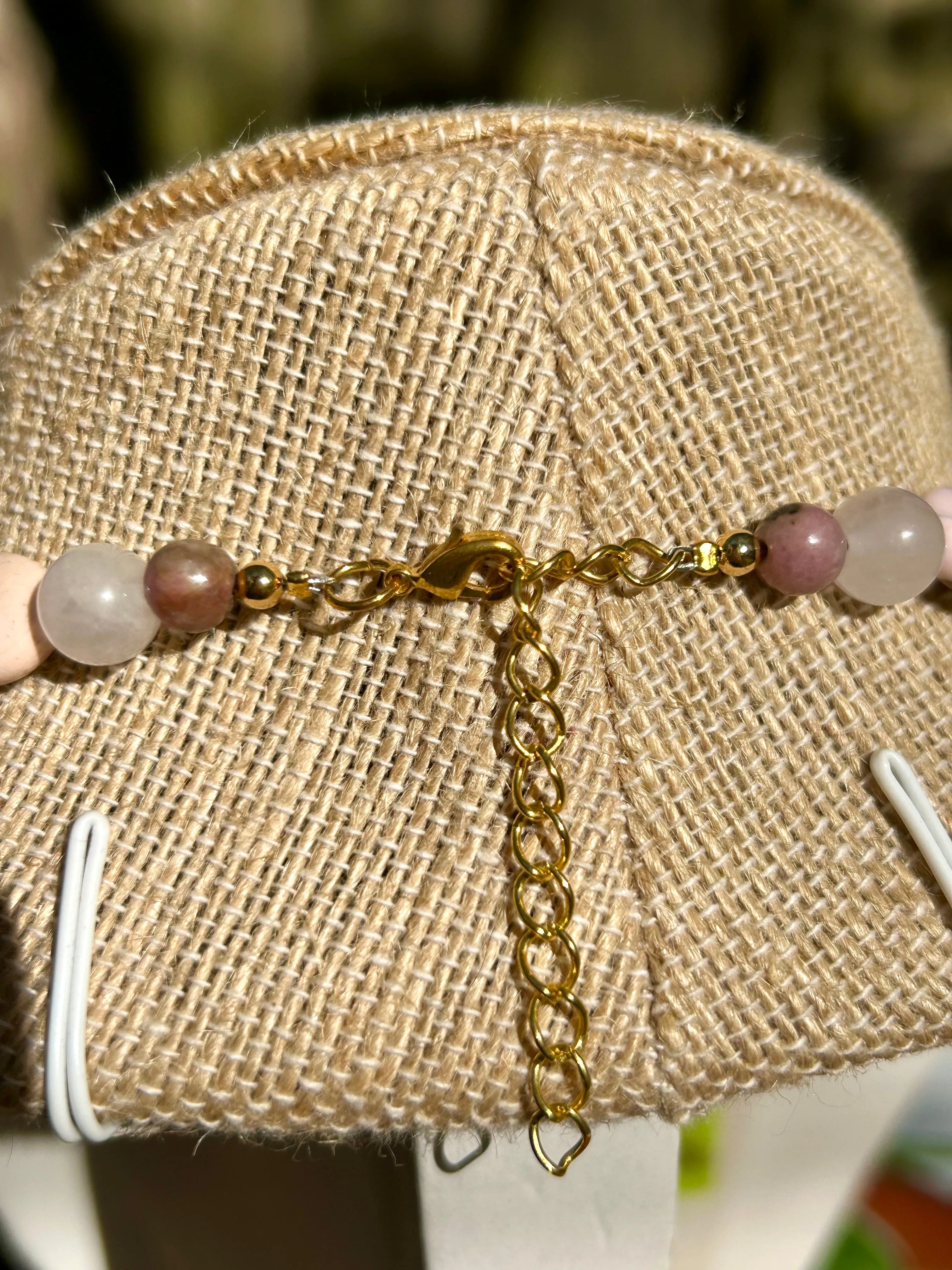 Pink Zebra Jasper, Rose Quartz, Pink Opal & Rhodonite with Gold Accents Beaded Necklace