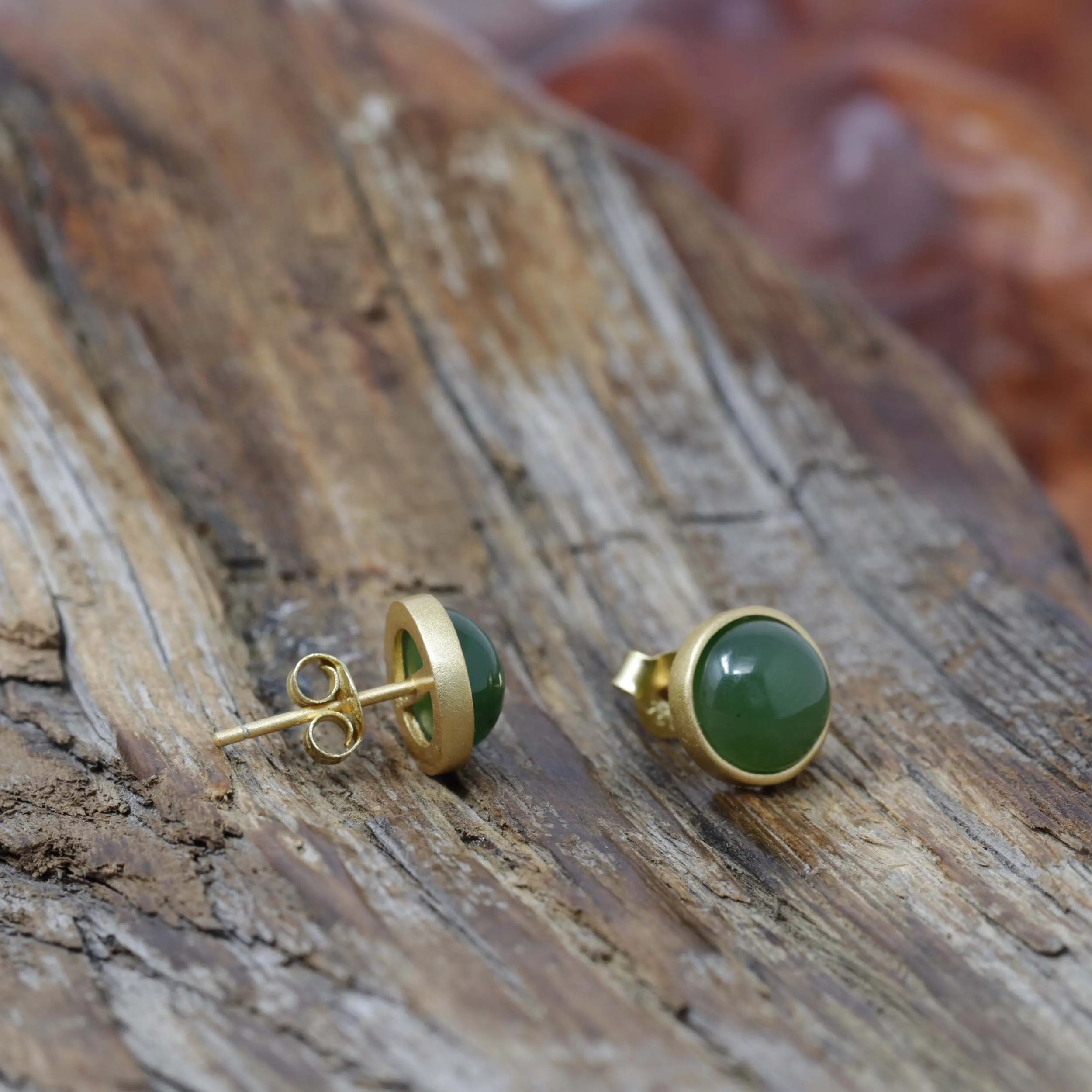 RealJade® 'Classic Studs" Gold Plated Sterling Silver Real Green Jade Stud Earrings