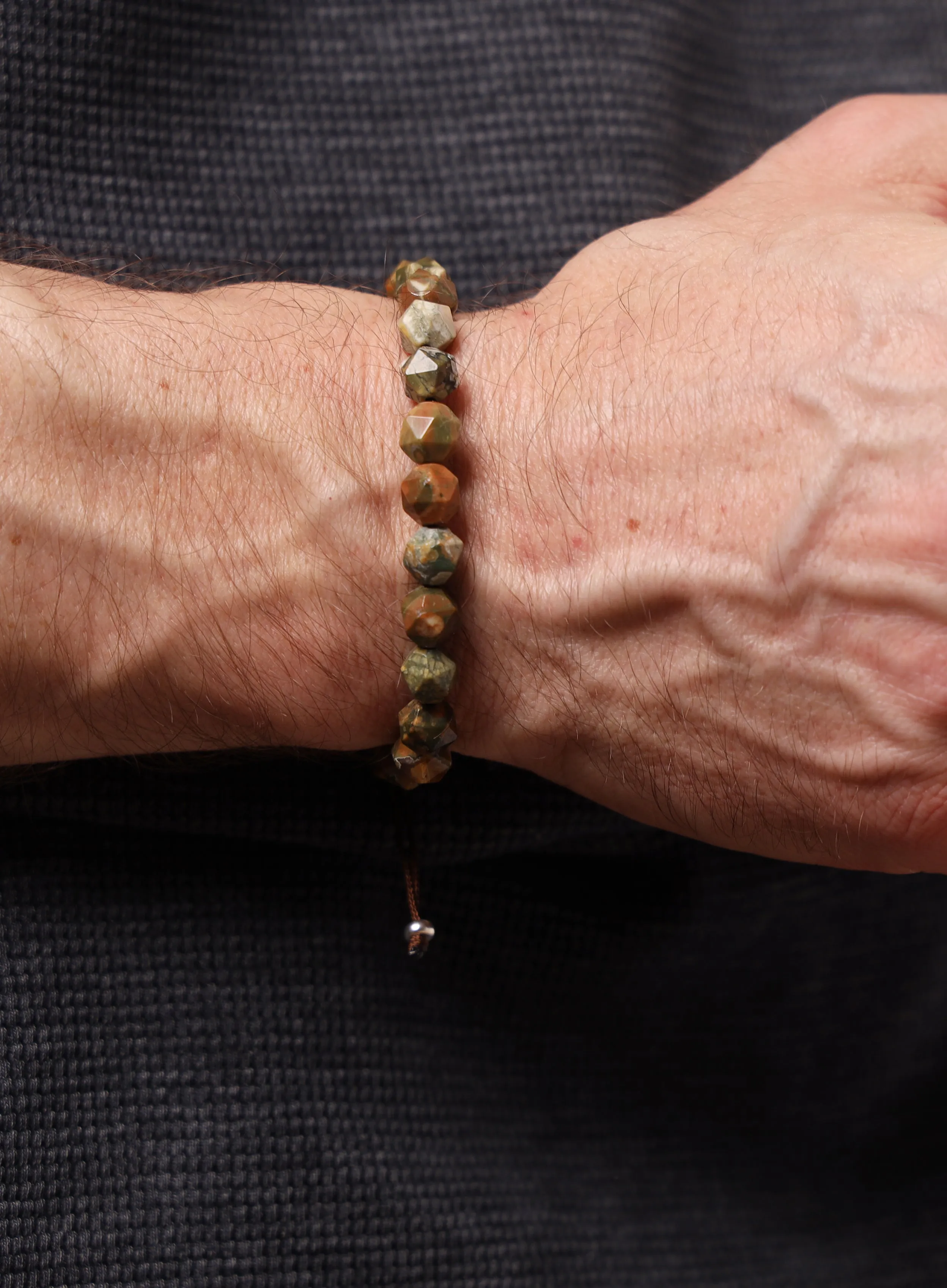 Rhyolite and Sterling Silver Geometric Bead Bracelet for Men