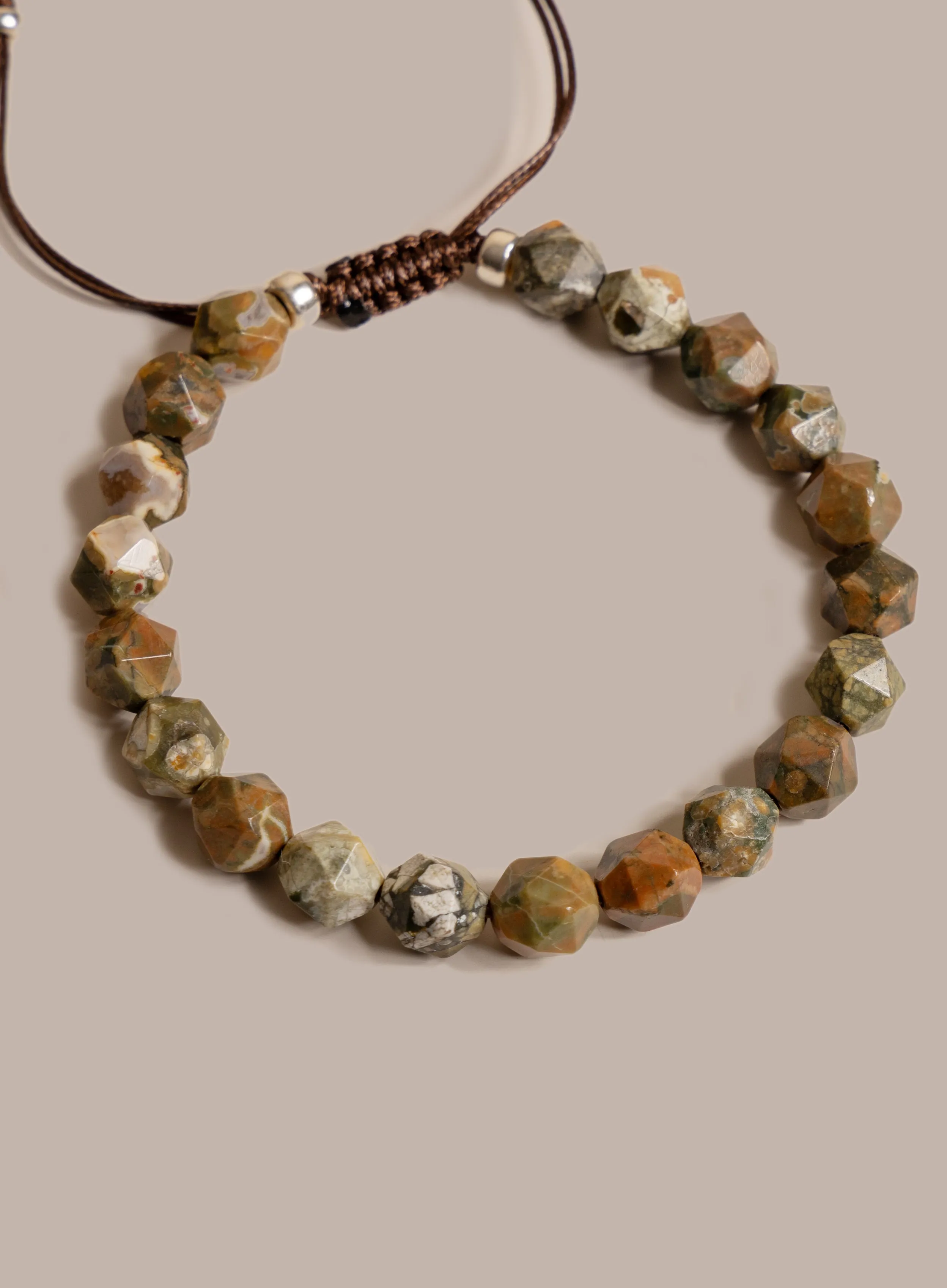 Rhyolite and Sterling Silver Geometric Bead Bracelet for Men