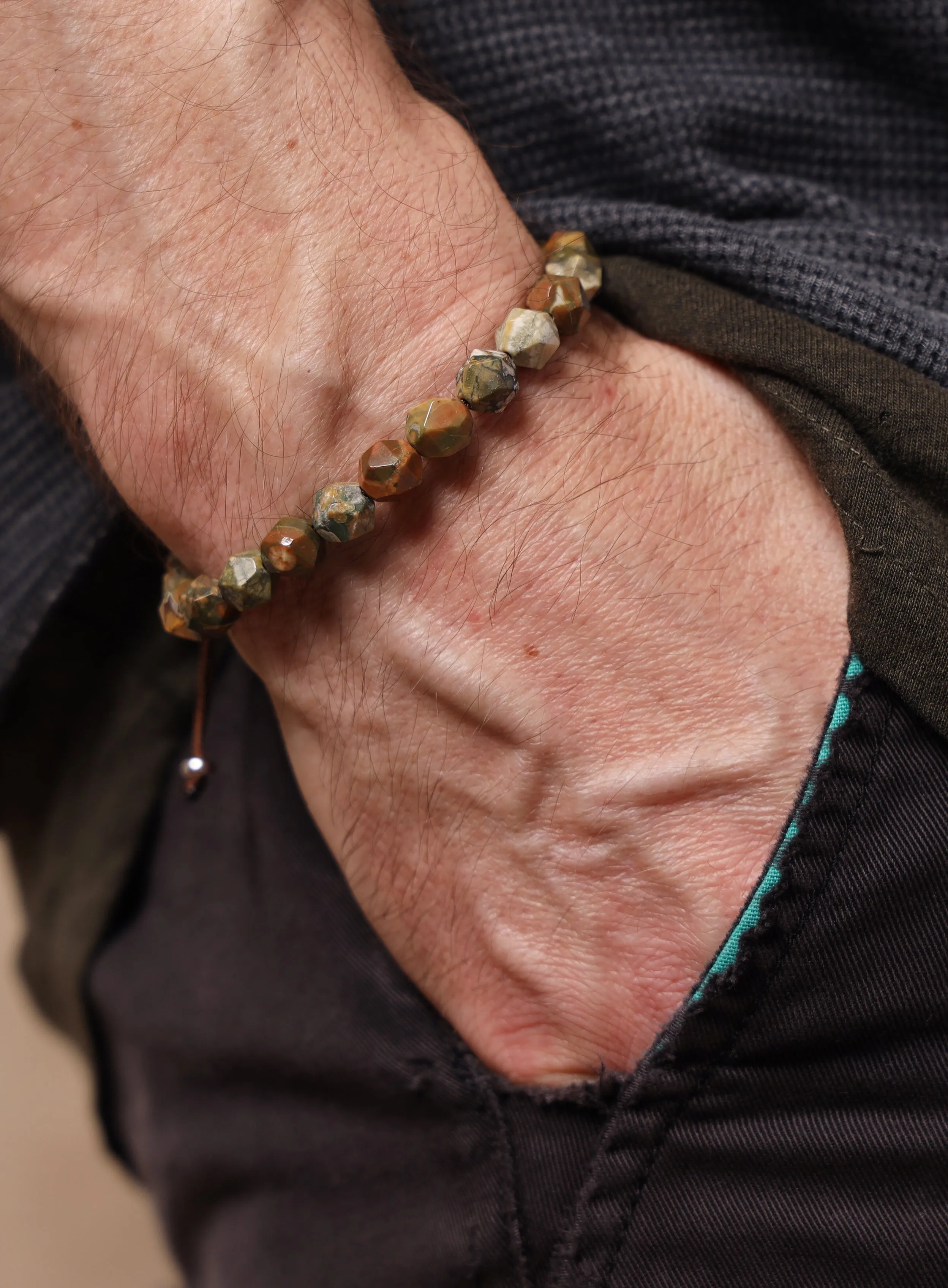 Rhyolite and Sterling Silver Geometric Bead Bracelet for Men