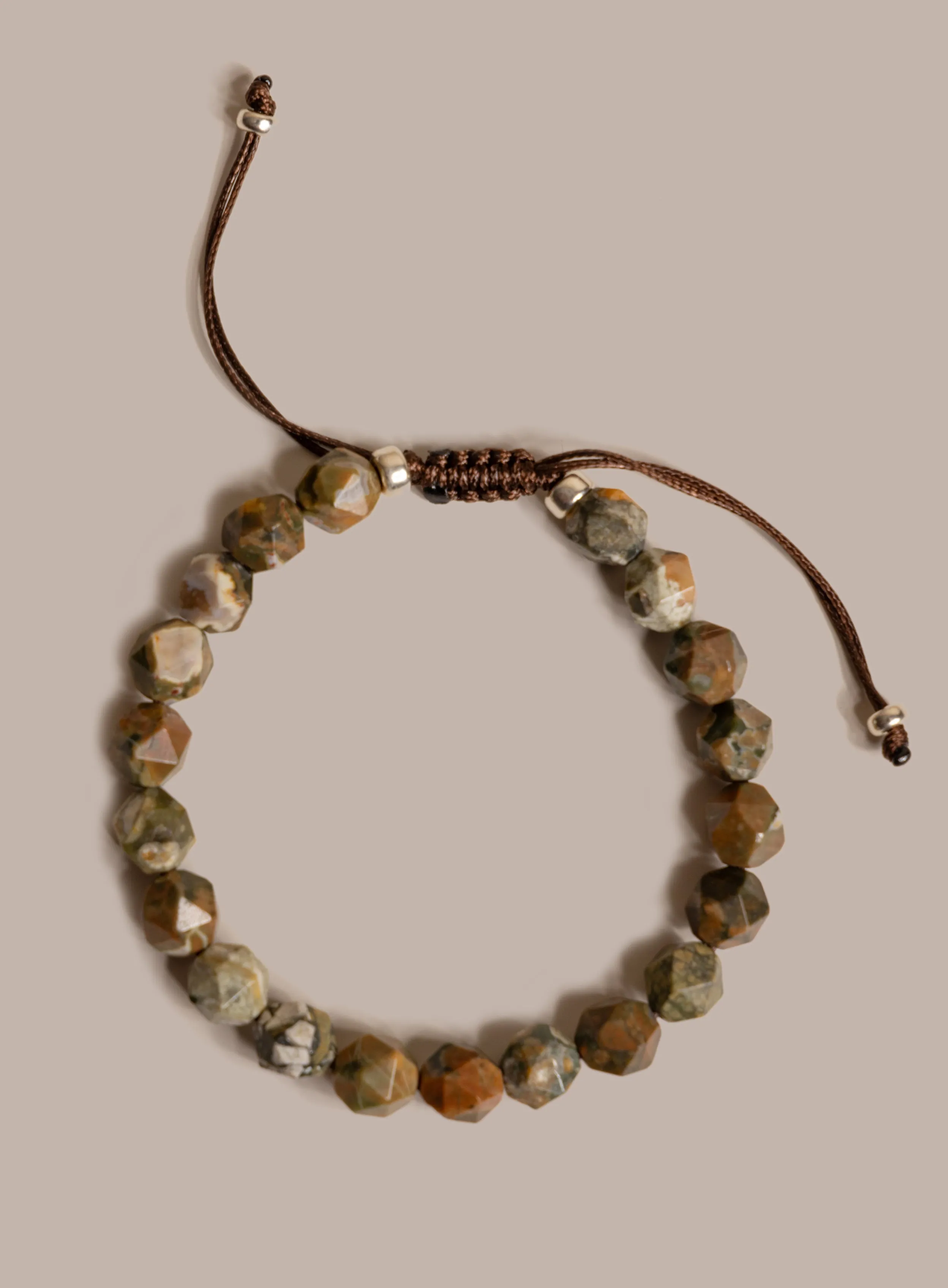 Rhyolite and Sterling Silver Geometric Bead Bracelet for Men