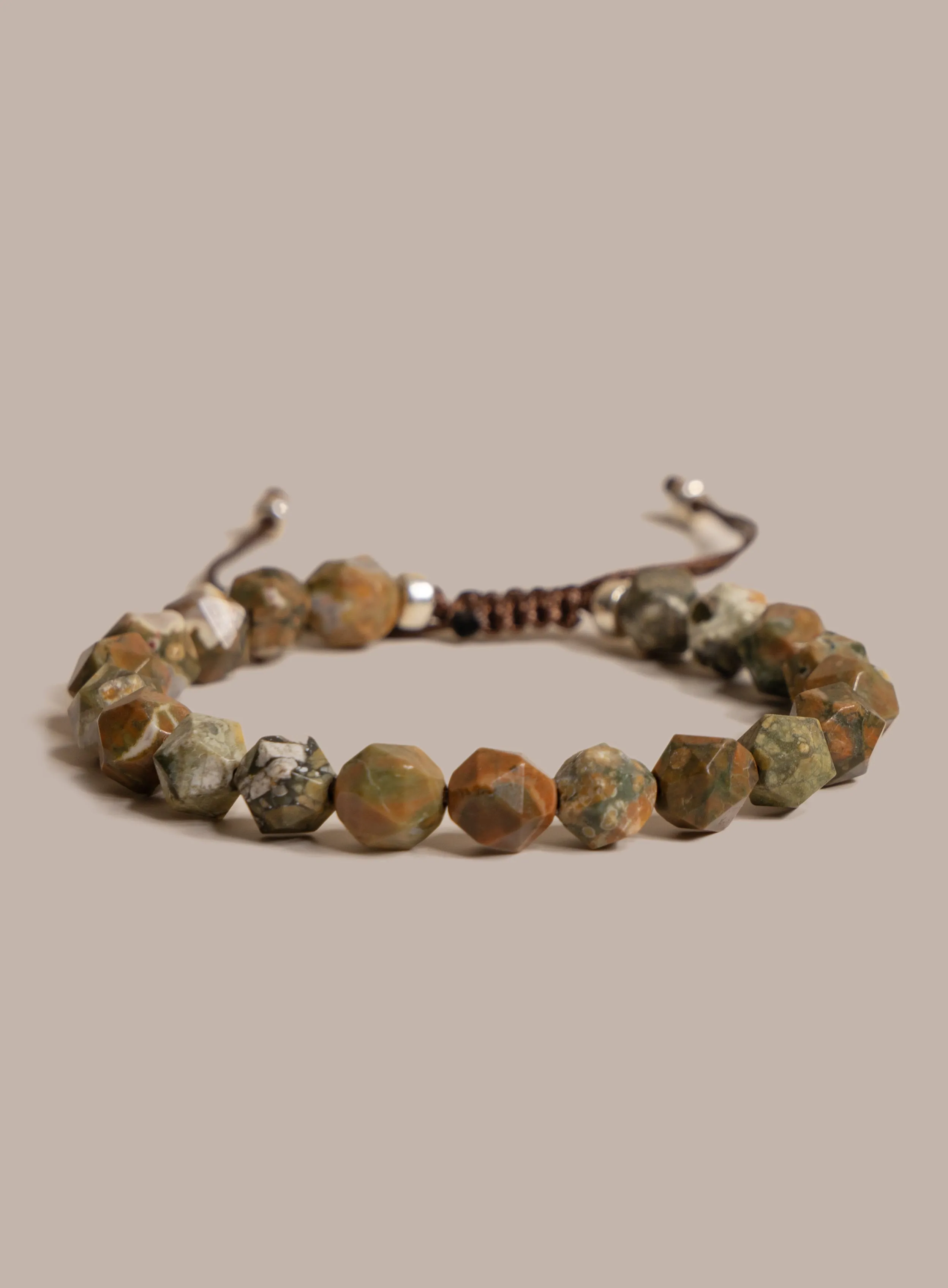 Rhyolite and Sterling Silver Geometric Bead Bracelet for Men