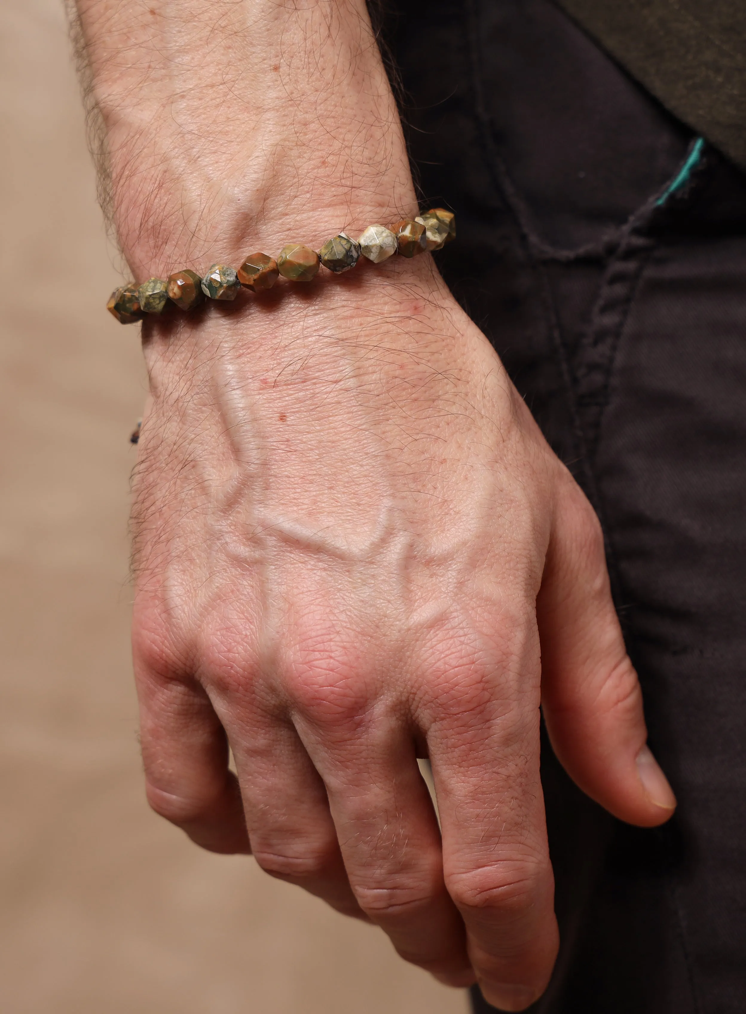 Rhyolite and Sterling Silver Geometric Bead Bracelet for Men