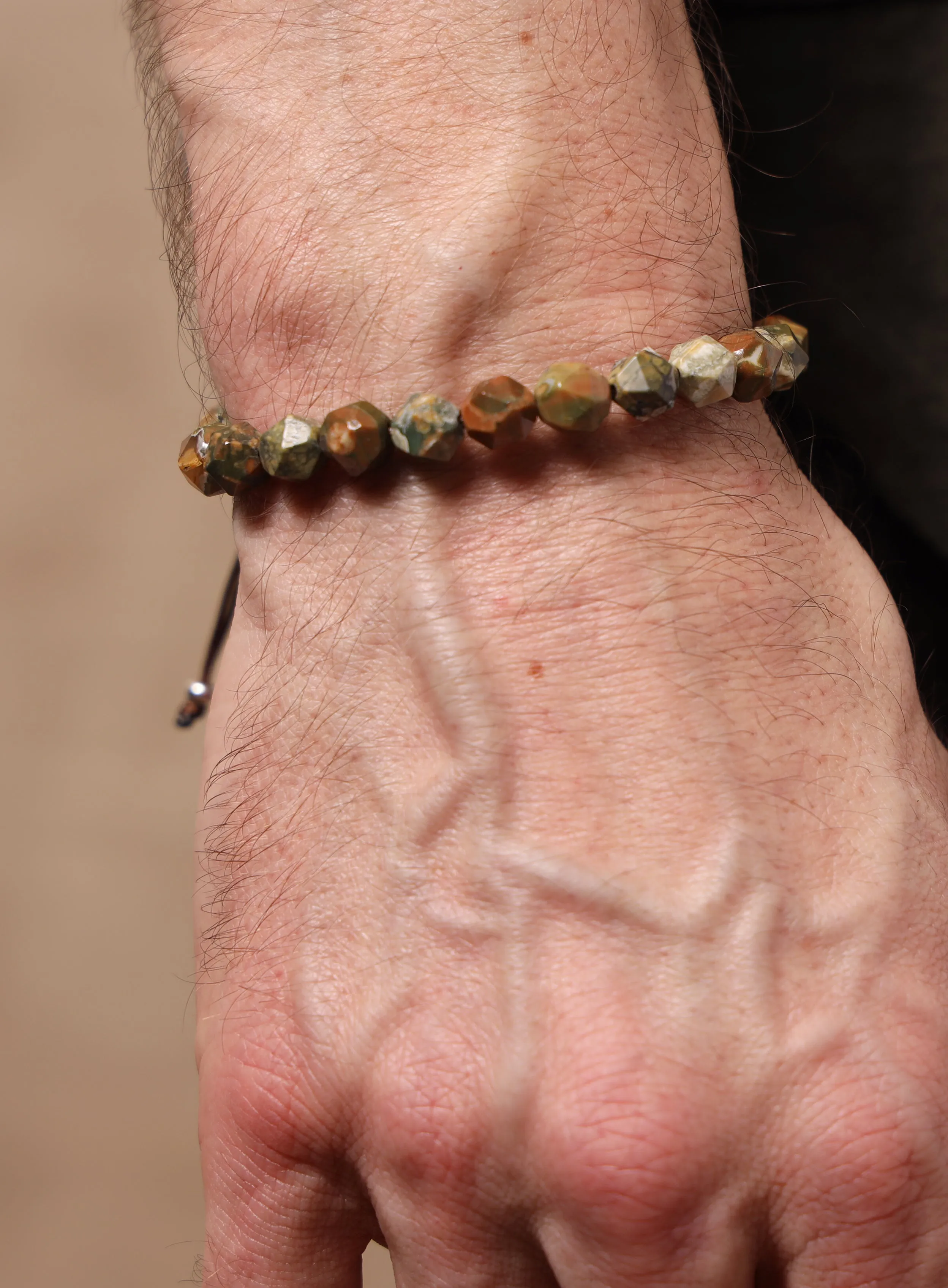 Rhyolite and Sterling Silver Geometric Bead Bracelet for Men